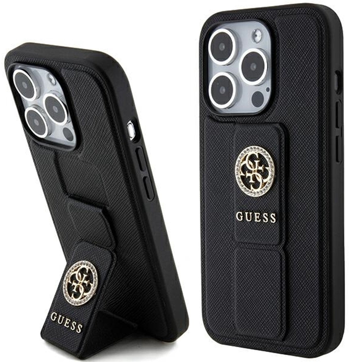Funda Guess Saffiano Strass para iPhone 15 Pro Max con Soporte Grip – Negra | Guess Saffiano Strass iPhone 15 Pro Max Case with Grip Stand – Black