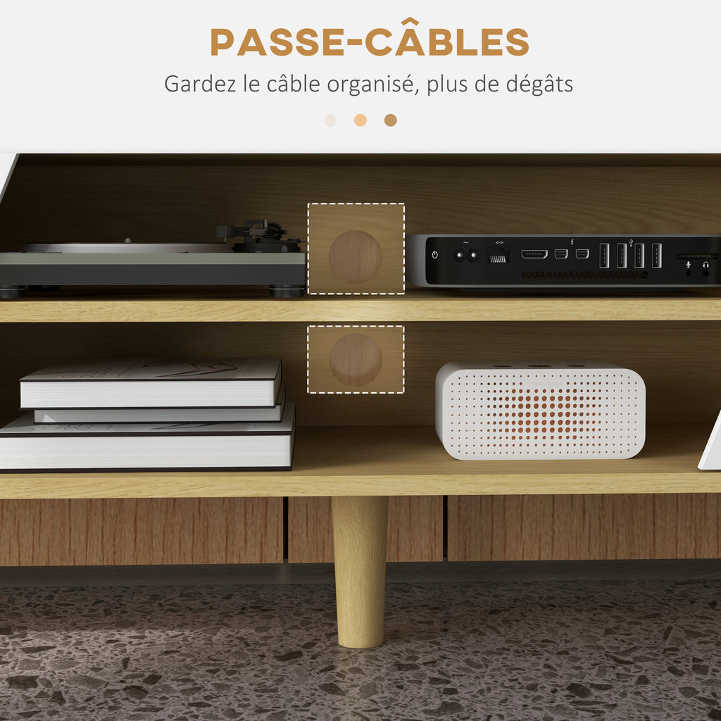 Meuble TV pour télévision jusqu'à 65 pouces design scandinave 2 portes 2 niches avec passe-câbles 150 x 30 x 42 cm