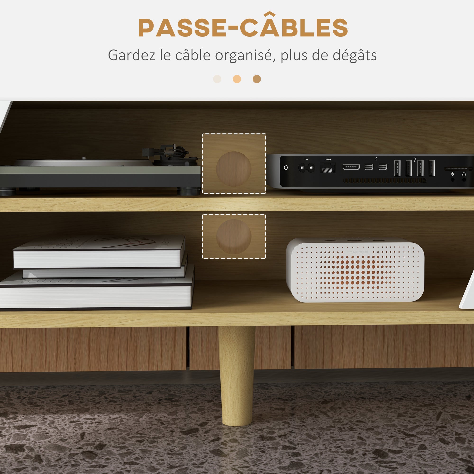 Meuble TV pour télévision jusqu'à 65 pouces design scandinave 2 portes 2 niches avec passe-câbles 150 x 30 x 42 cm