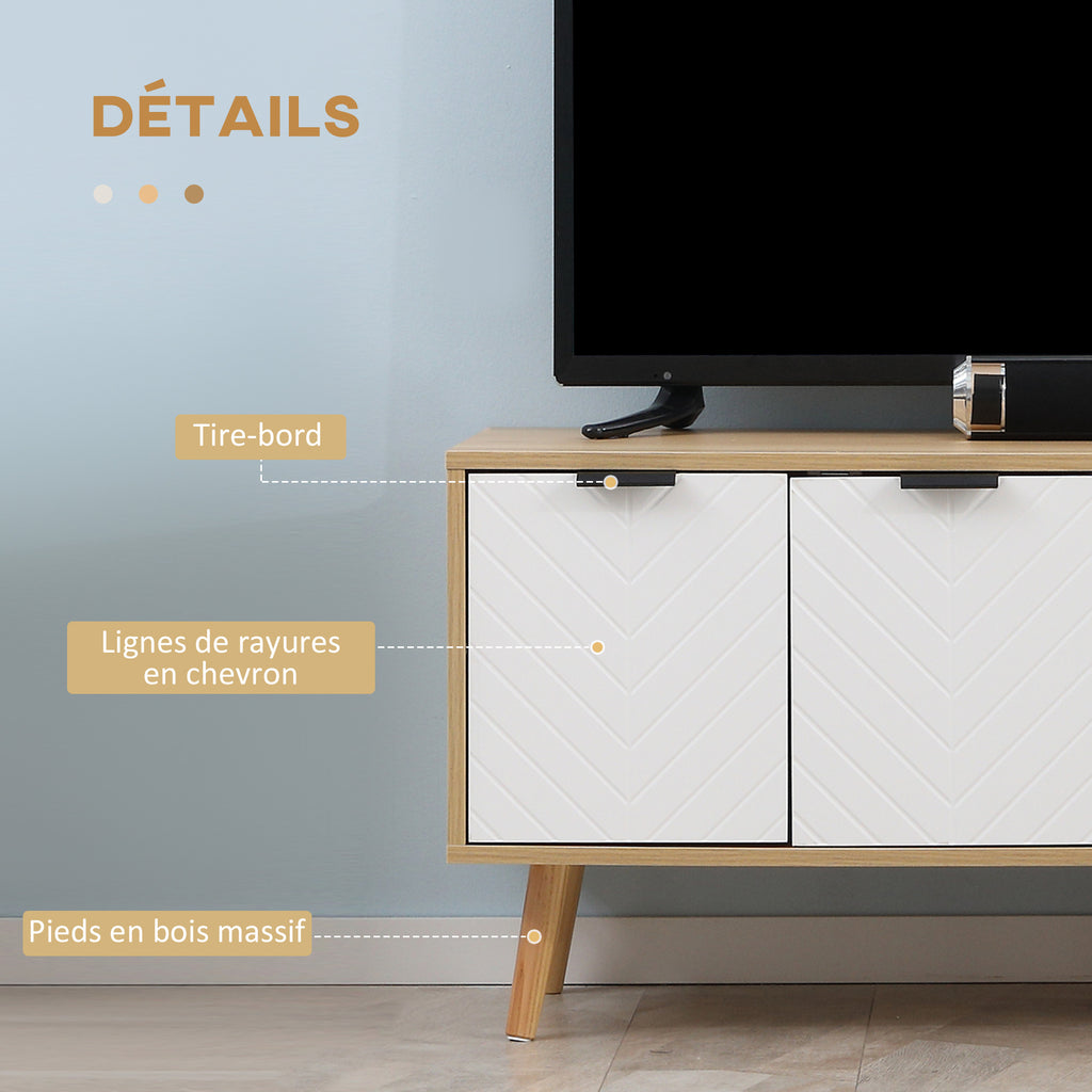 Meuble TV pour télévision jusqu'à 46 pouces design scandinave 2 portes 2 niches avec passe-câbles 110 x 39 x 48,8 cm