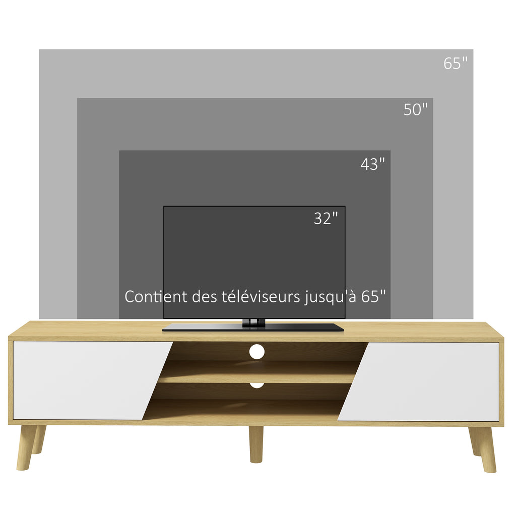 Meuble TV pour télévision jusqu'à 65 pouces design scandinave 2 portes 2 niches avec passe-câbles 150 x 30 x 42 cm