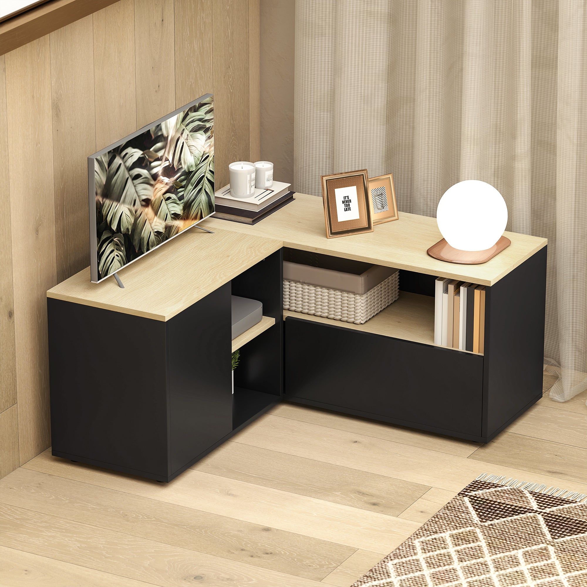 Meuble TV d'angle banc télévision jusqu'à 40 pouces avec 2 placards et 3 niches 90 x 90 x 45 cm chêne et noir
