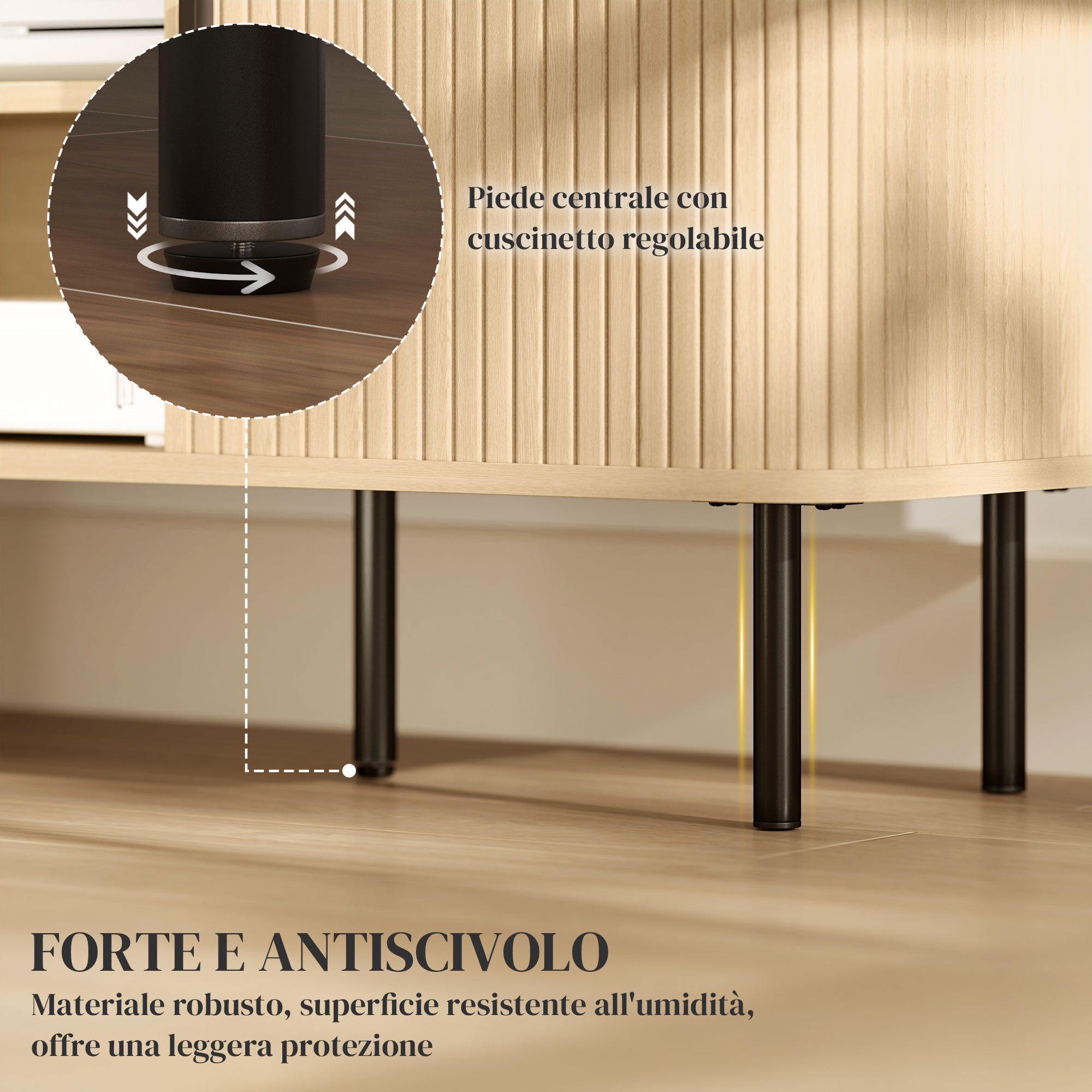 Meuble TV avec 2 portes tambour à lamelles design scandinave pour télévision jusqu'à 55 pouces 120 cm ton chêne