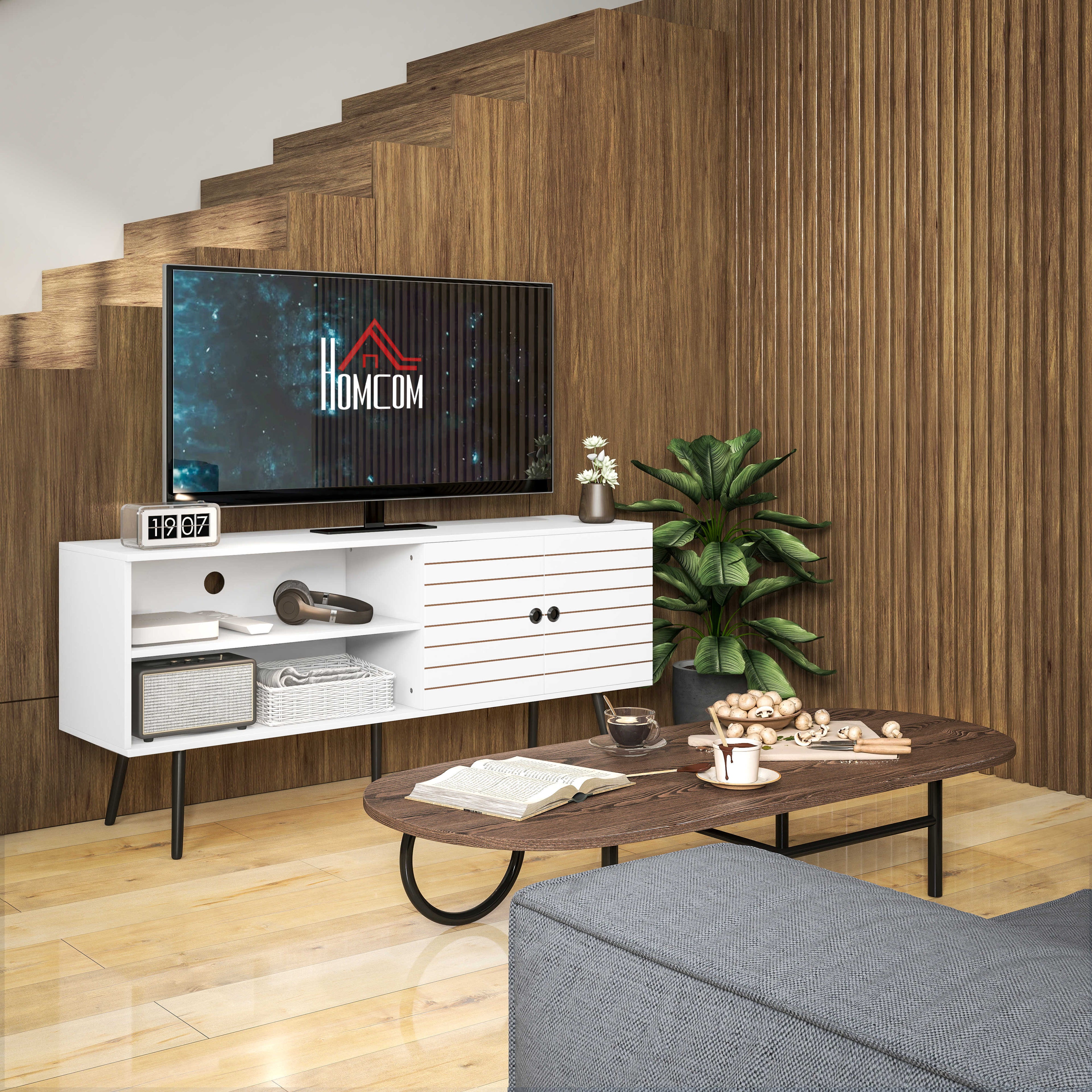 Meuble TV pour télévision jusqu'à 65 pouces avec 2 compartiments ouverts et 1 étagère réglable 145x38x65 cm Blanc