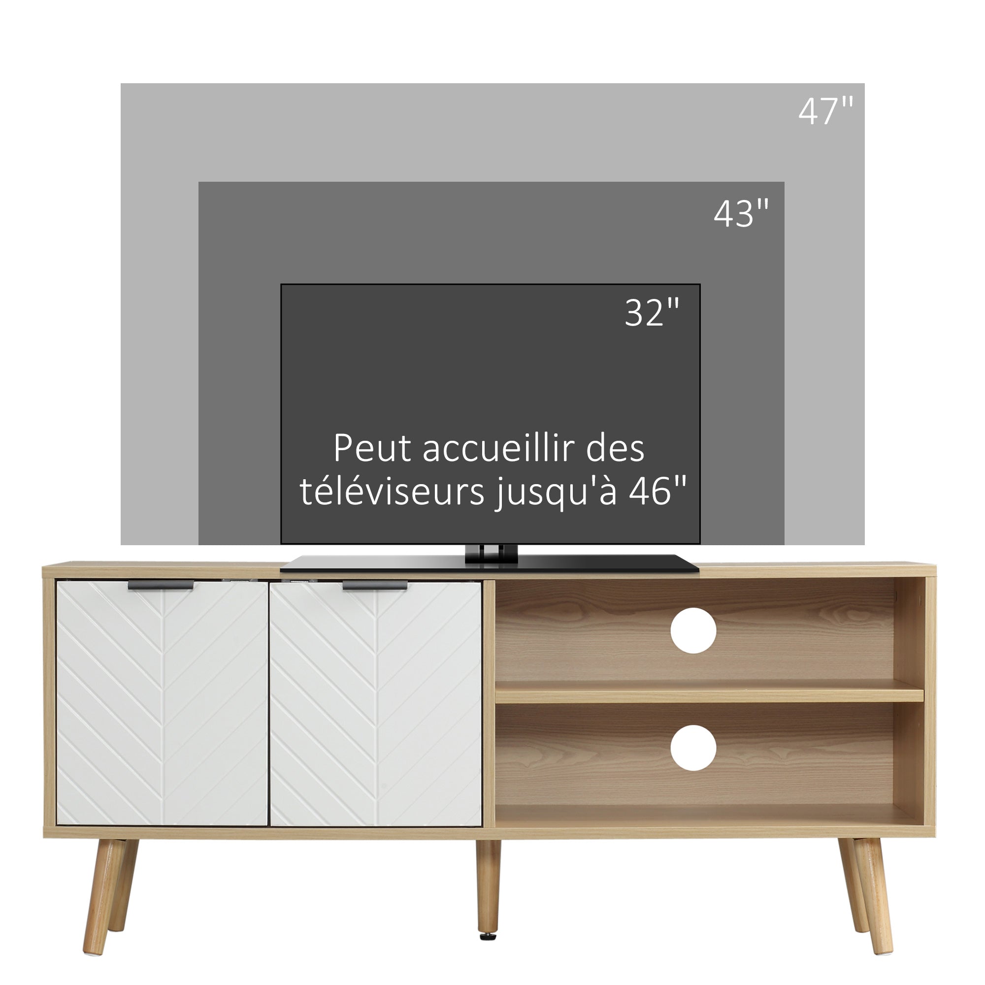 Meuble TV pour télévision jusqu'à 46 pouces design scandinave 2 portes 2 niches avec passe-câbles 110 x 39 x 48,8 cm