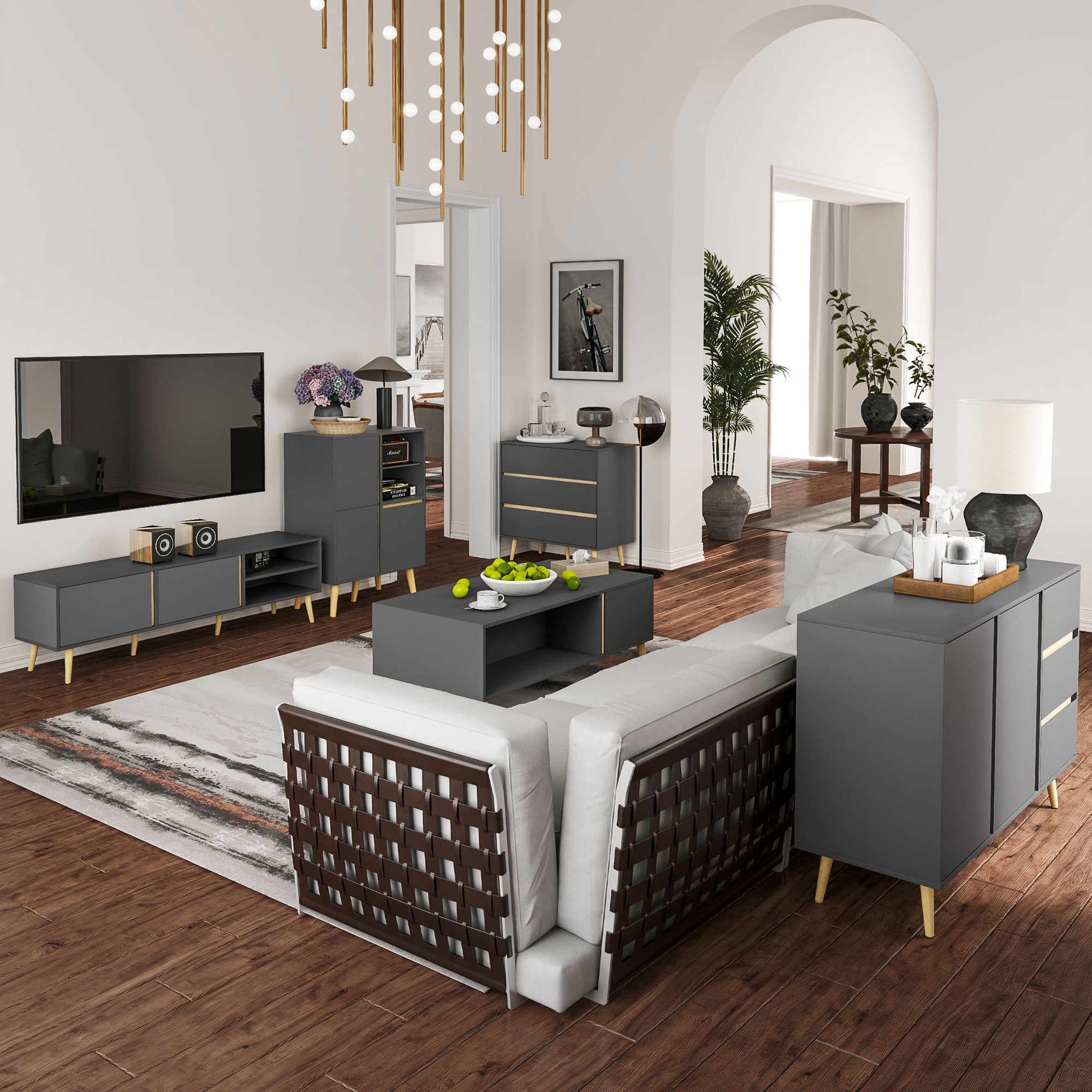 Meuble TV pour télévision jusqu'à 55 pouces scandinave 2 portes 2 niches avec passe-câbles 150 x 35 x 45 cm gris foncé