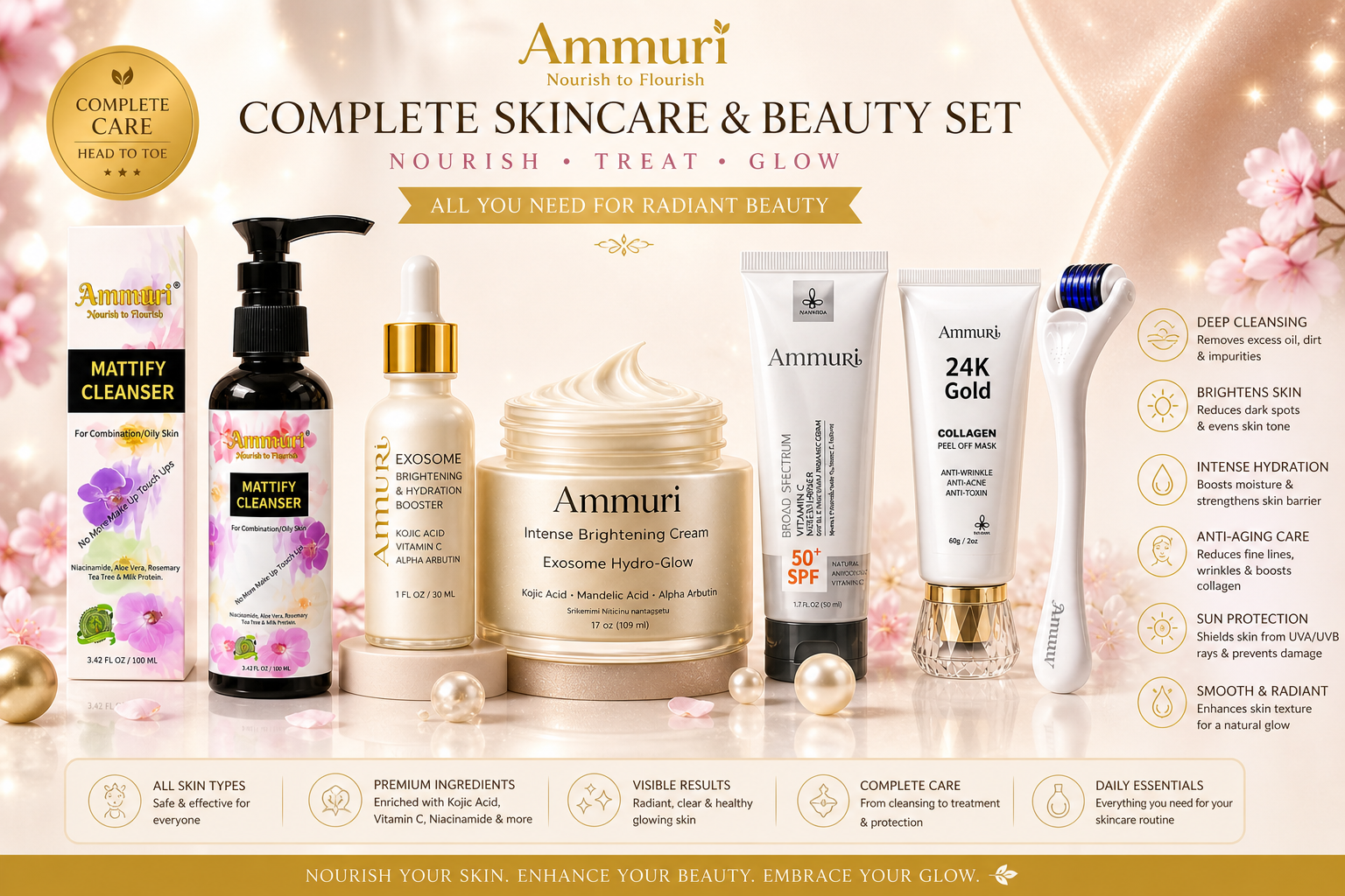 Set Completo Iluminador y Beauty Care | Complete Brightening Skincare & Beauty Set | Ammuri