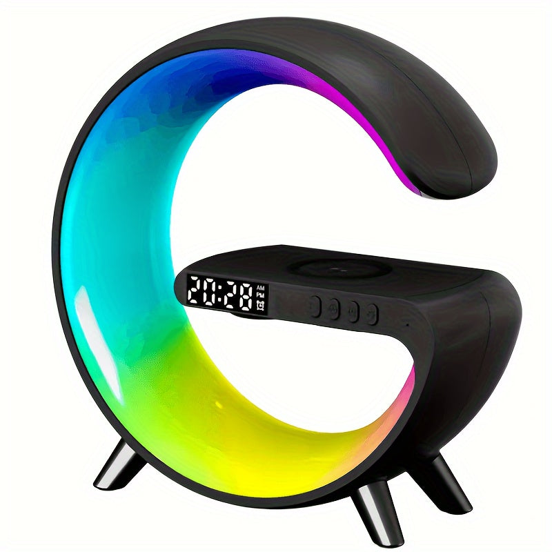 Cargador Inalámbrico en Forma de G con Reloj, Altavoz y Luz RGB | G-Shaped Wireless Charger with Clock, Speaker & RGB Light