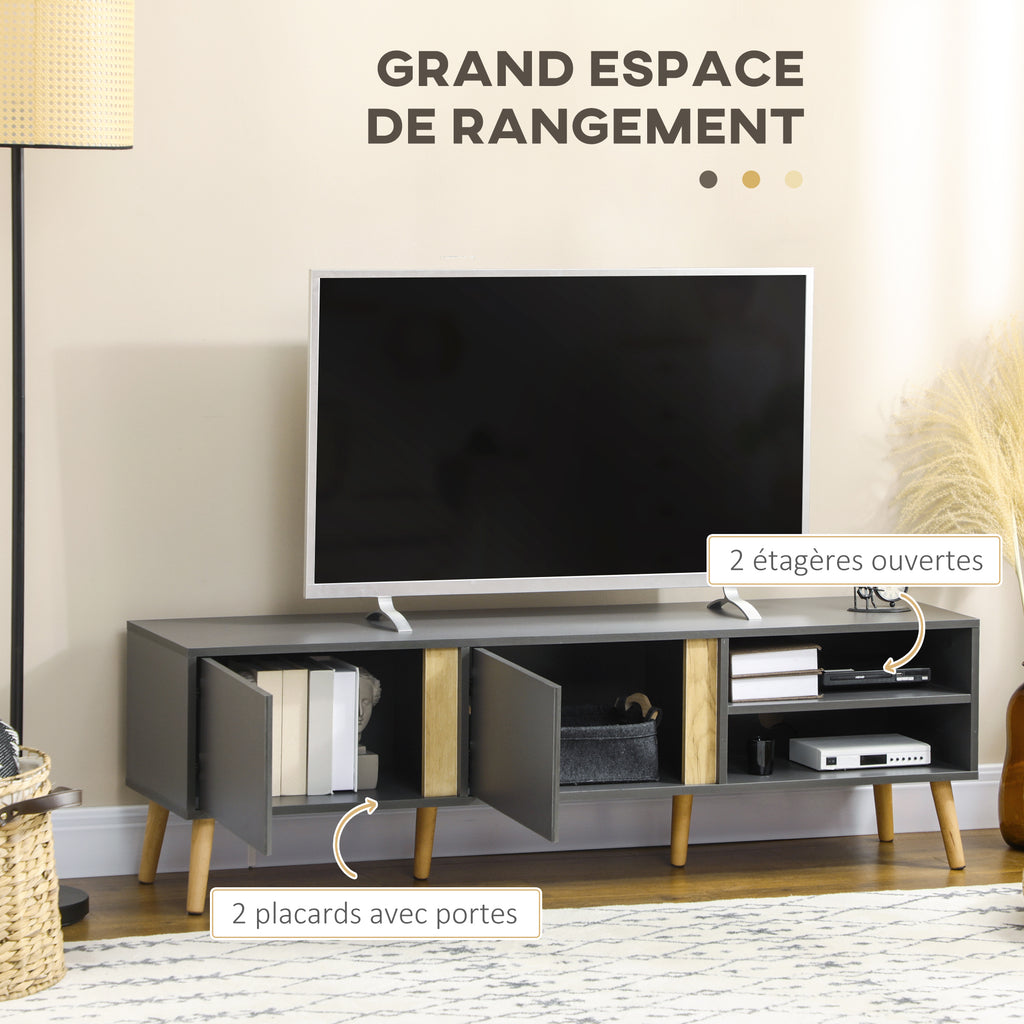 Meuble TV pour télévision jusqu'à 55 pouces scandinave 2 portes 2 niches avec passe-câbles 150 x 35 x 45 cm gris foncé