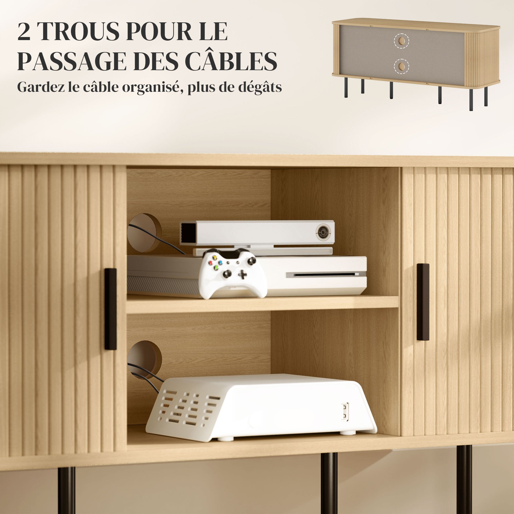 Meuble TV avec 2 portes tambour à lamelles design scandinave pour télévision jusqu'à 55 pouces 120 cm ton chêne