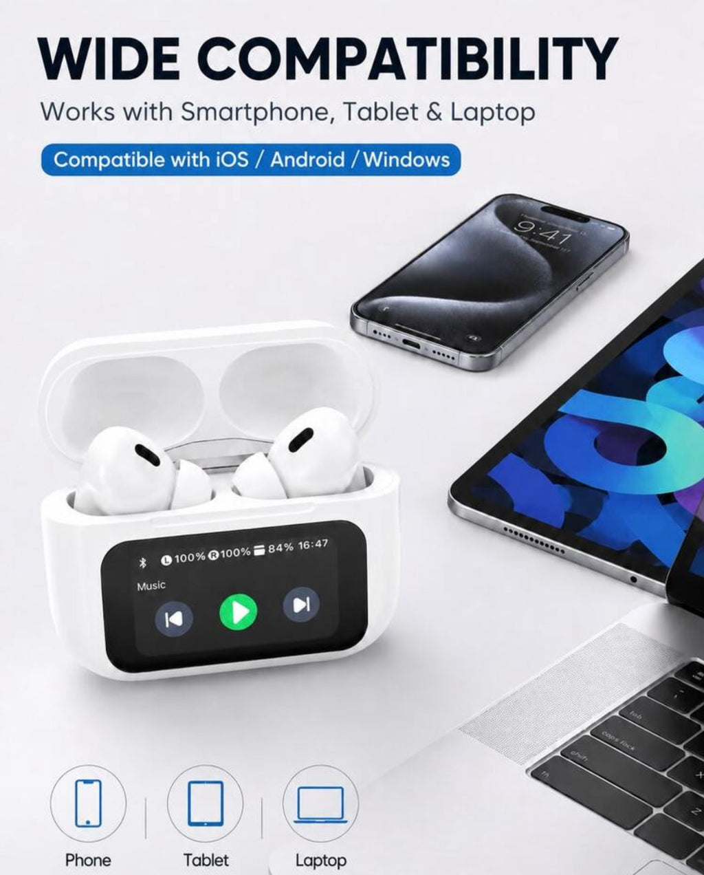 Compatibilidad de auriculares A9 Pro con móvil, tablet y portátil / A9 Pro earbuds compatibility with phone, tablet and laptop