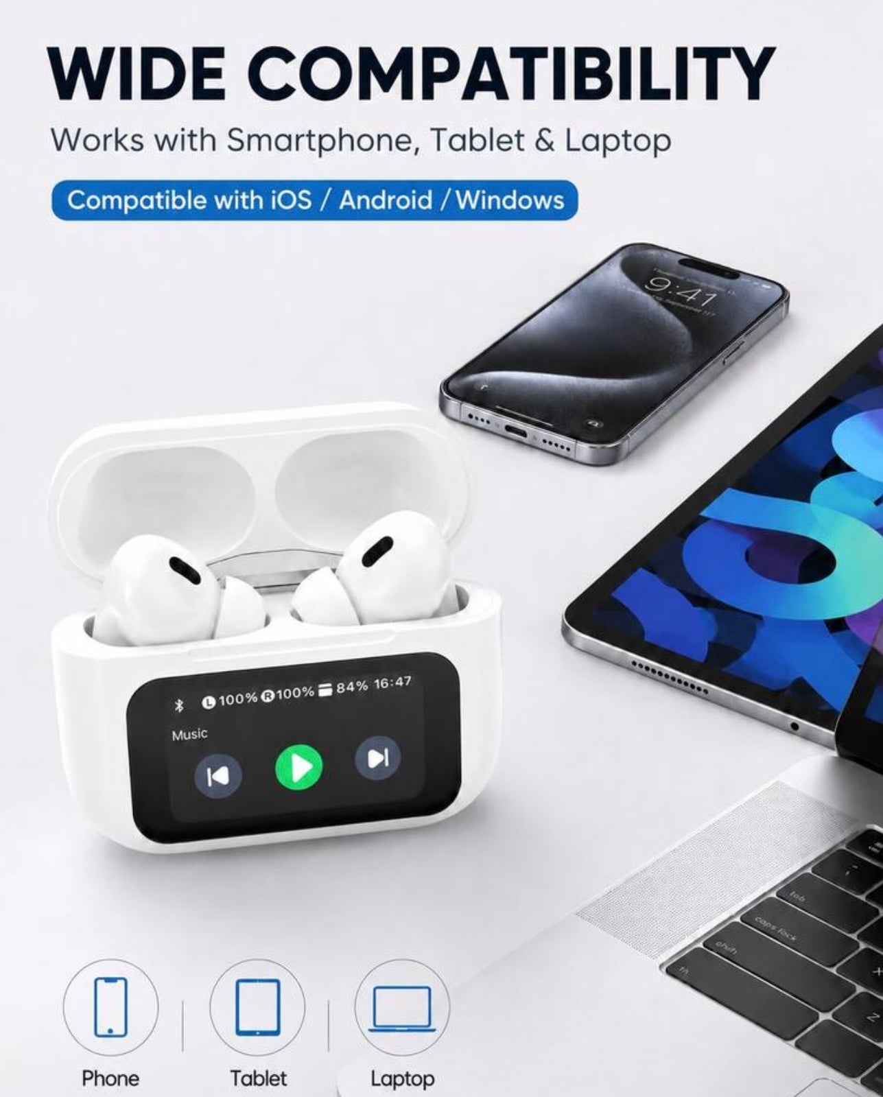Compatibilidad de auriculares A9 Pro con móvil, tablet y portátil / A9 Pro earbuds compatibility with phone, tablet and laptop