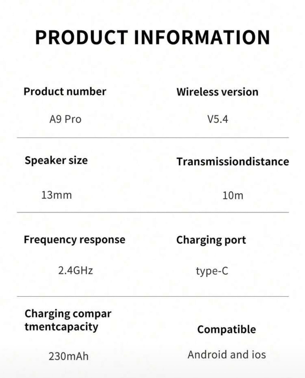 Especificaciones de los auriculares A9 Pro / A9 Pro earbuds specifications