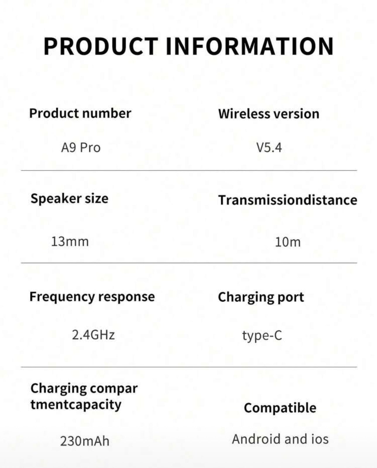 Especificaciones de los auriculares A9 Pro / A9 Pro earbuds specifications