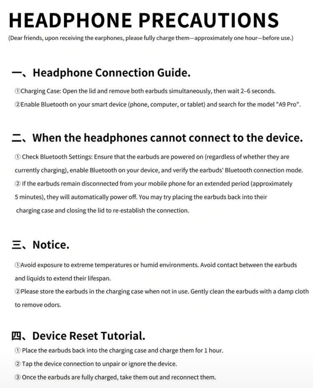 Guía de conexión y precauciones de auriculares A9 Pro / A9 Pro connection guide and precautions