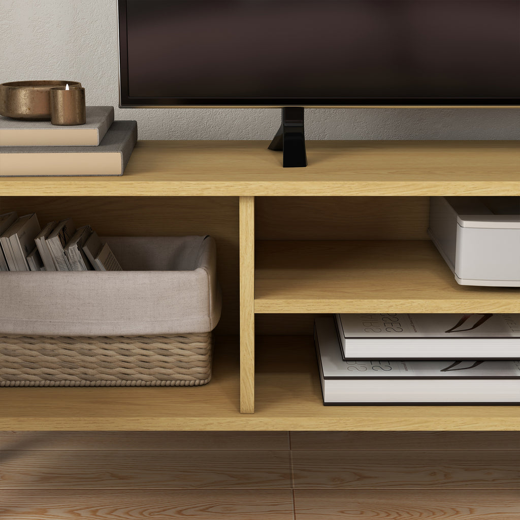 Meuble TV pour télévision jusqu'à 65 pouces design scandinave 2 portes 2 niches avec passe-câbles 150 x 30 x 42 cm