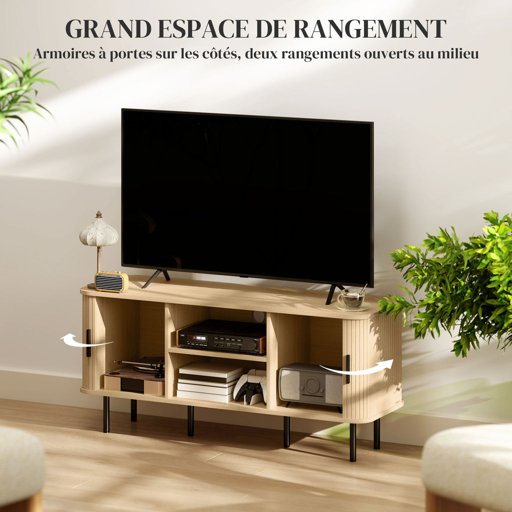 Meuble TV avec 2 portes tambour à lamelles design scandinave pour télévision jusqu'à 55 pouces 120 cm ton chêne