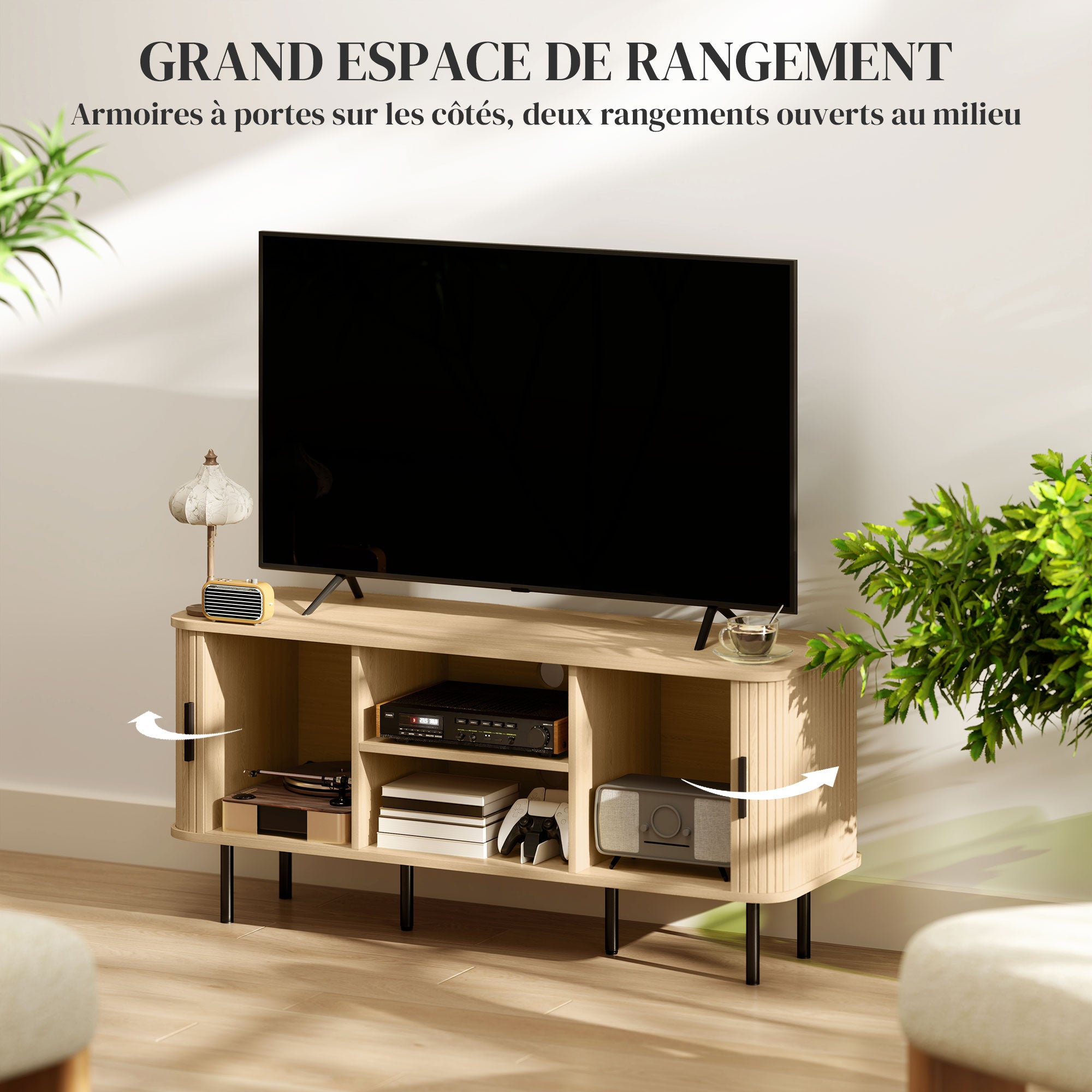 Meuble TV avec 2 portes tambour à lamelles design scandinave pour télévision jusqu'à 55 pouces 120 cm ton chêne