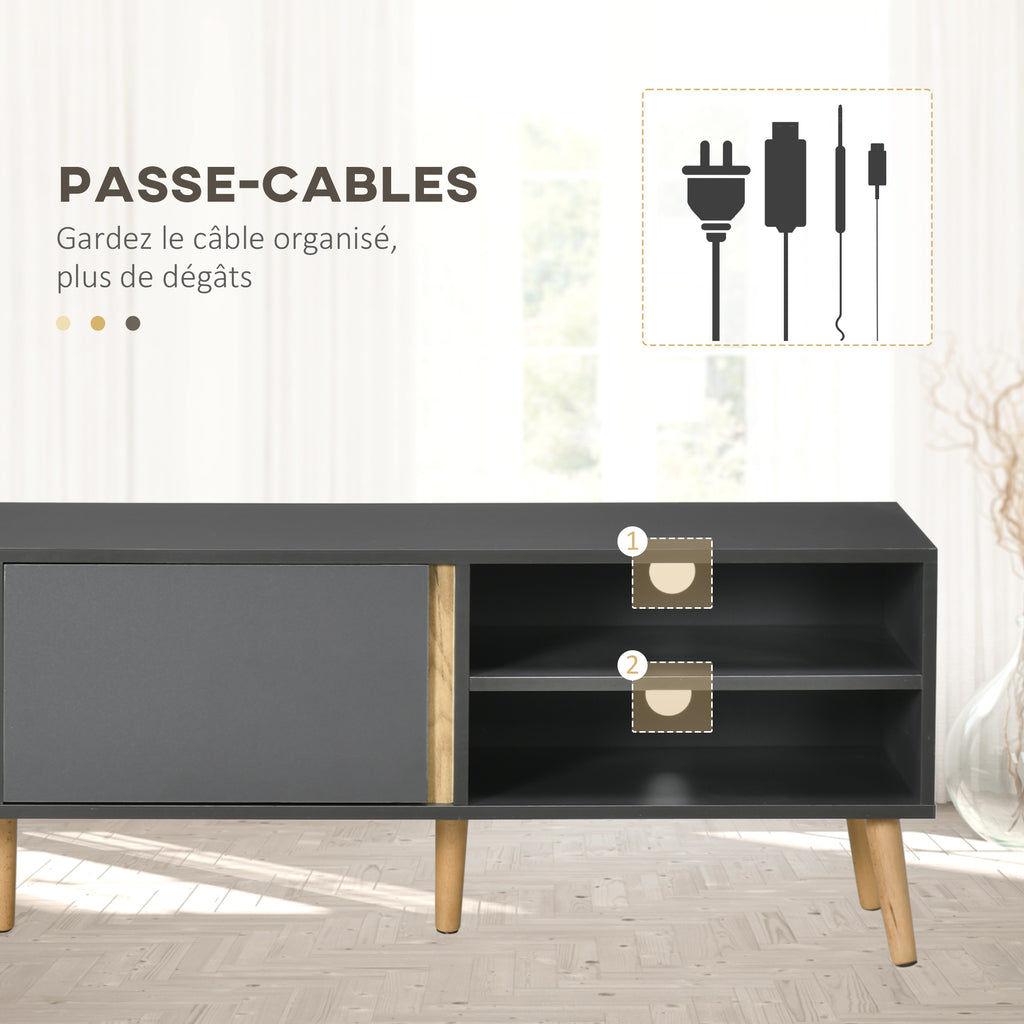Meuble TV pour télévision jusqu'à 55 pouces scandinave 2 portes 2 niches avec passe-câbles 150 x 35 x 45 cm gris foncé