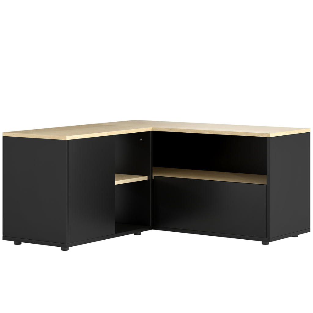 Meuble TV d'angle banc télévision jusqu'à 40 pouces avec 2 placards et 3 niches 90 x 90 x 45 cm chêne et noir
