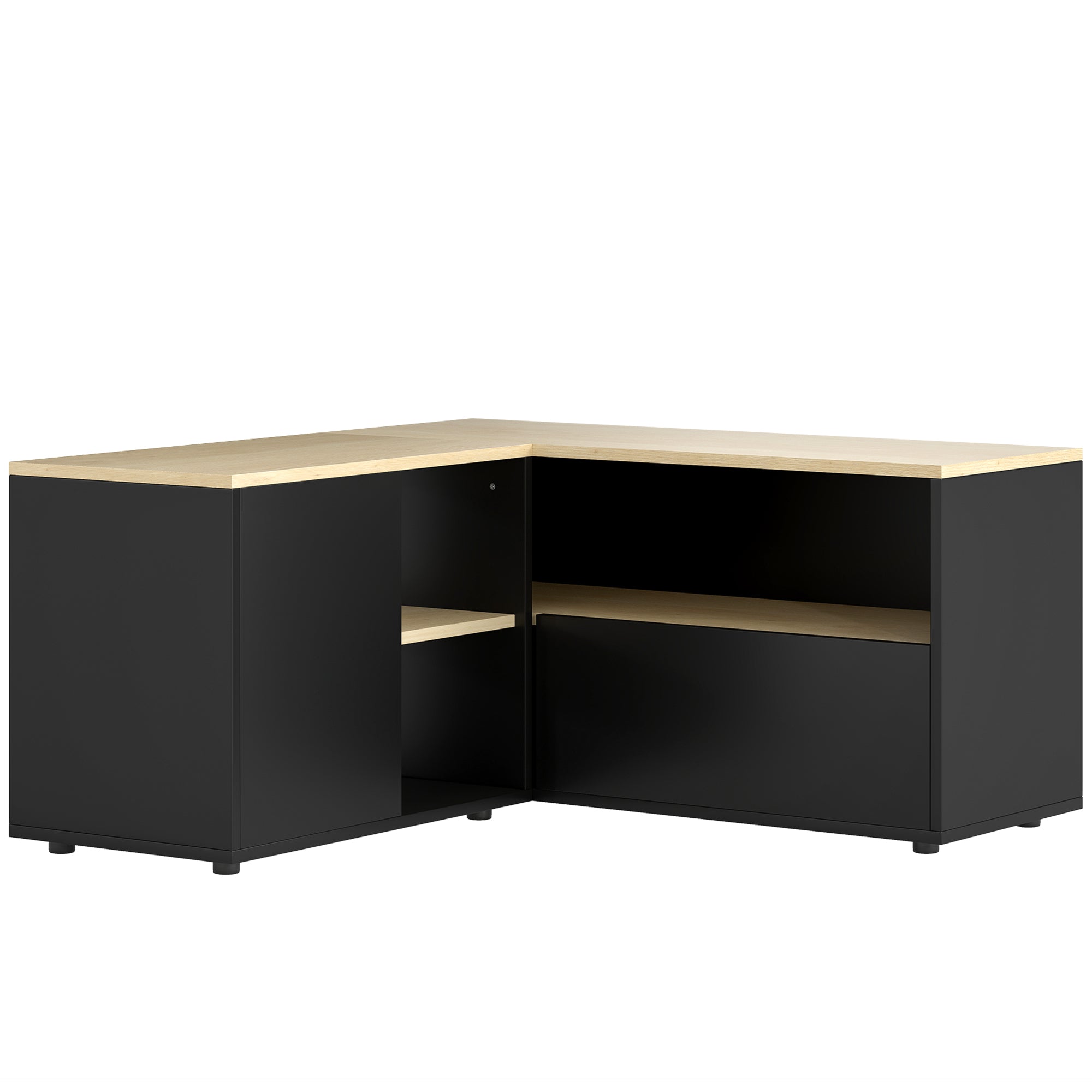 Meuble TV d'angle banc télévision jusqu'à 40 pouces avec 2 placards et 3 niches 90 x 90 x 45 cm chêne et noir