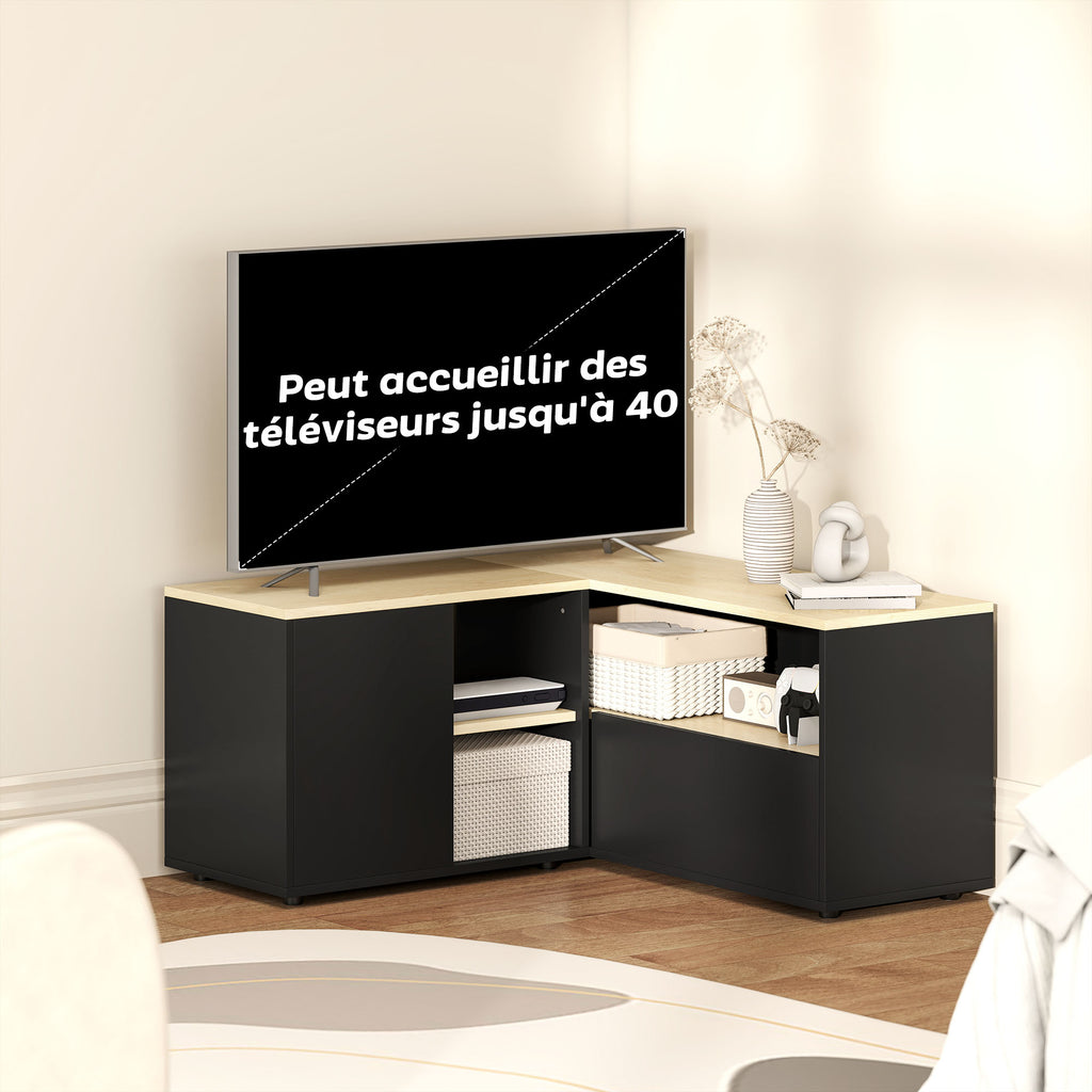 Meuble TV d'angle banc télévision jusqu'à 40 pouces avec 2 placards et 3 niches 90 x 90 x 45 cm chêne et noir
