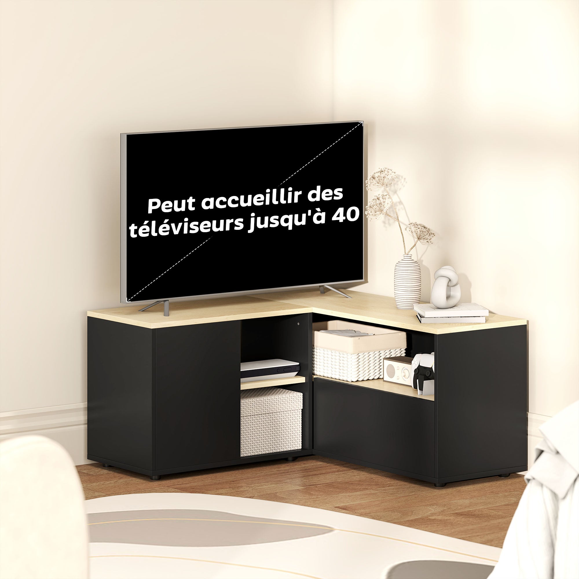 Meuble TV d'angle banc télévision jusqu'à 40 pouces avec 2 placards et 3 niches 90 x 90 x 45 cm chêne et noir