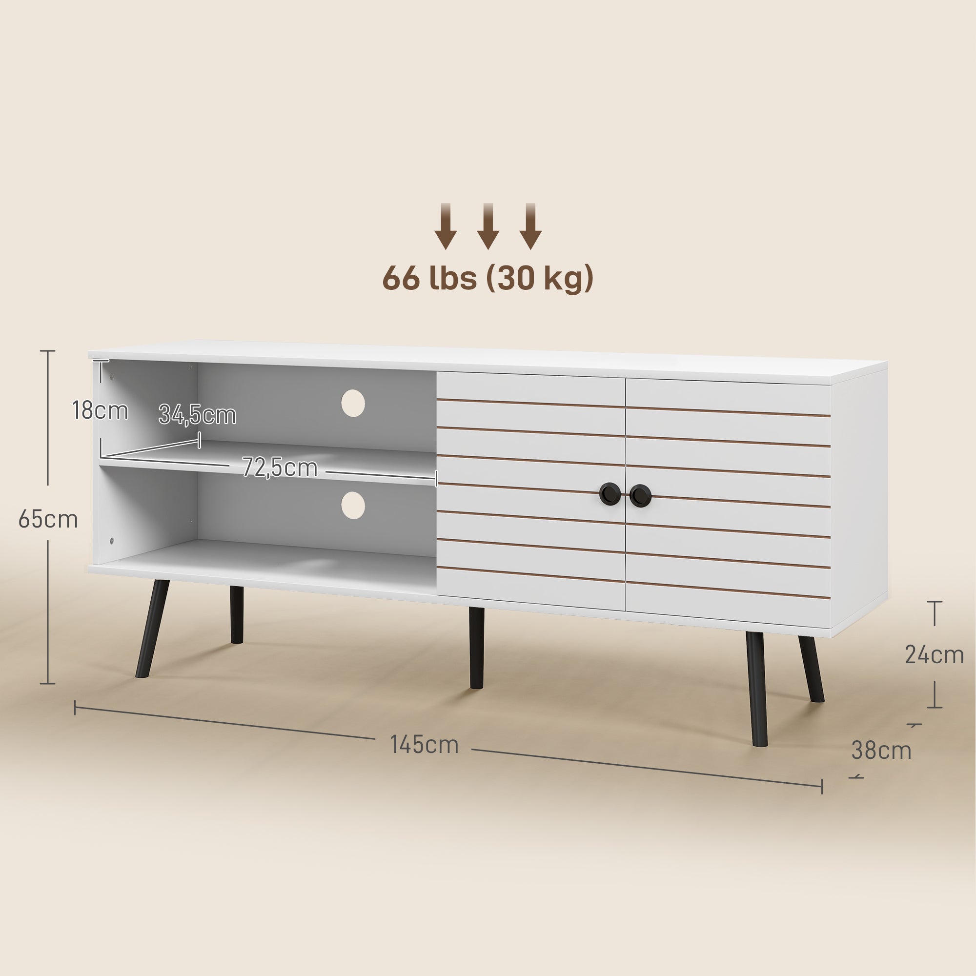 Meuble TV pour télévision jusqu'à 65 pouces avec 2 compartiments ouverts et 1 étagère réglable 145x38x65 cm Blanc