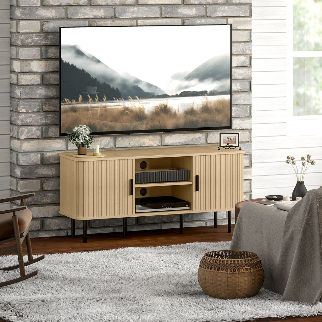 Meuble TV avec 2 portes tambour à lamelles design scandinave pour télévision jusqu'à 55 pouces 120 cm ton chêne