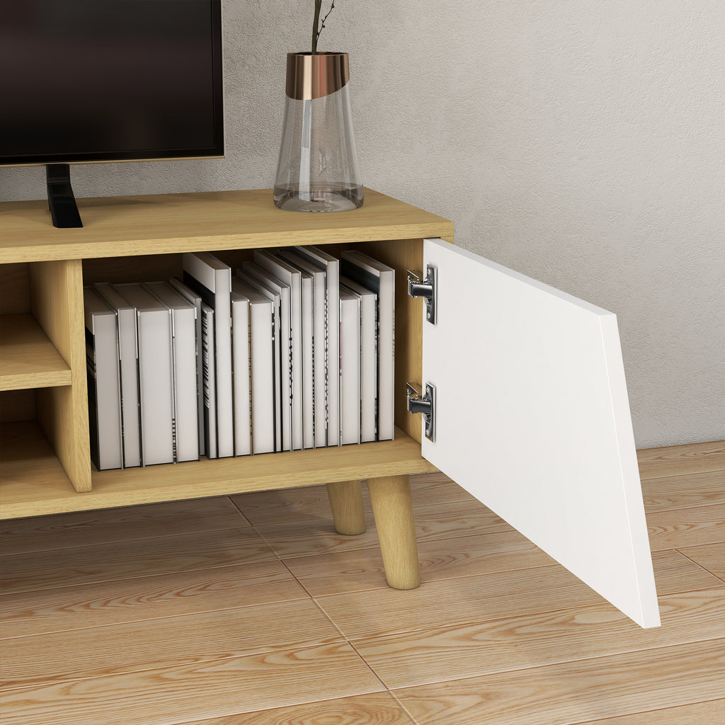 Meuble TV pour télévision jusqu'à 65 pouces design scandinave 2 portes 2 niches avec passe-câbles 150 x 30 x 42 cm