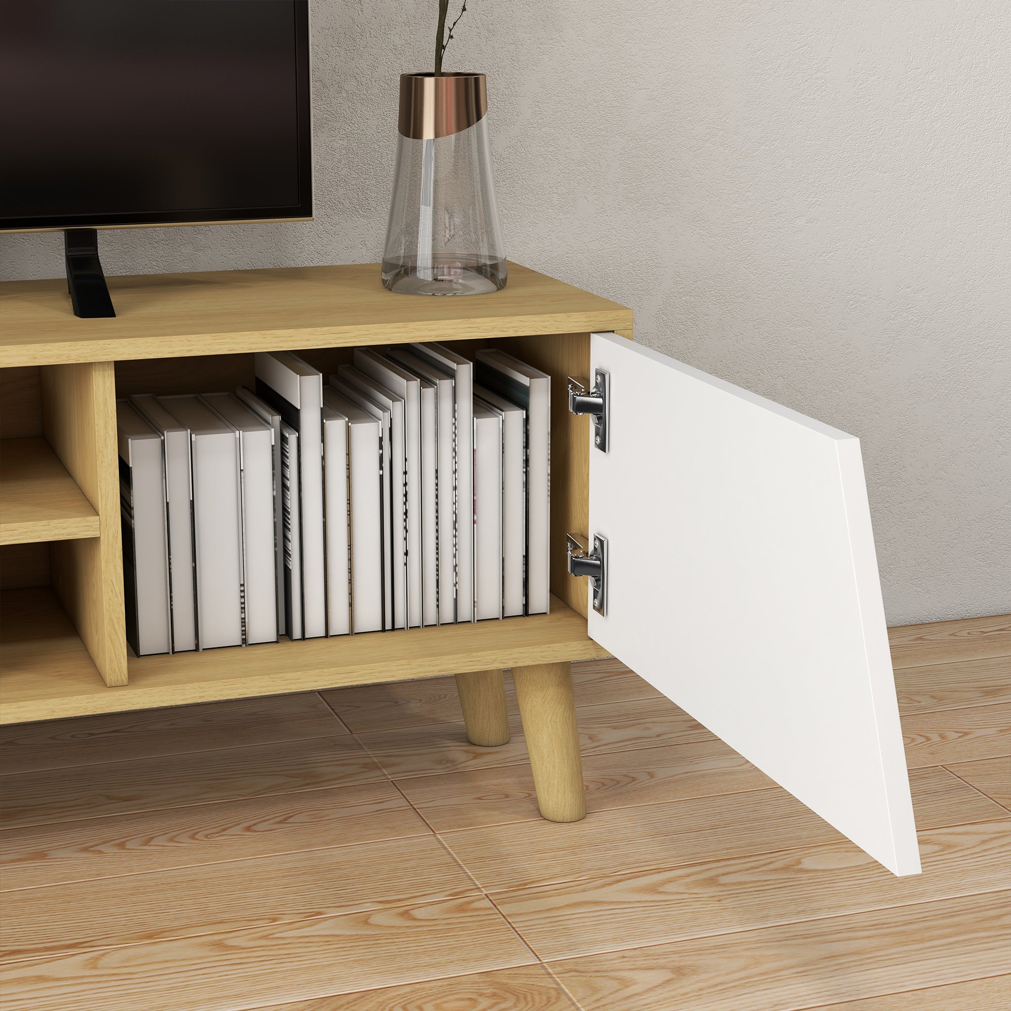 Meuble TV pour télévision jusqu'à 65 pouces design scandinave 2 portes 2 niches avec passe-câbles 150 x 30 x 42 cm