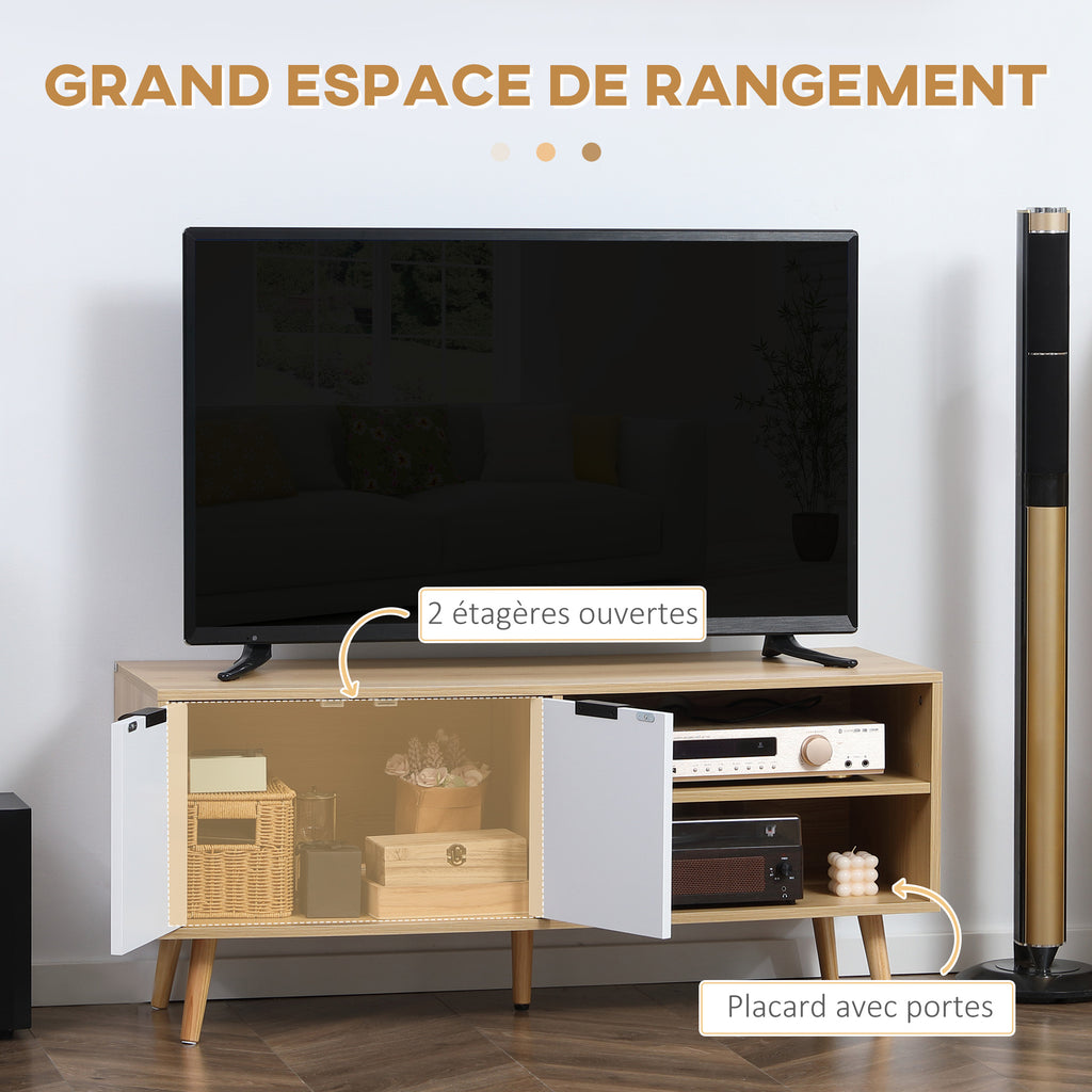 Meuble TV pour télévision jusqu'à 46 pouces design scandinave 2 portes 2 niches avec passe-câbles 110 x 39 x 48,8 cm