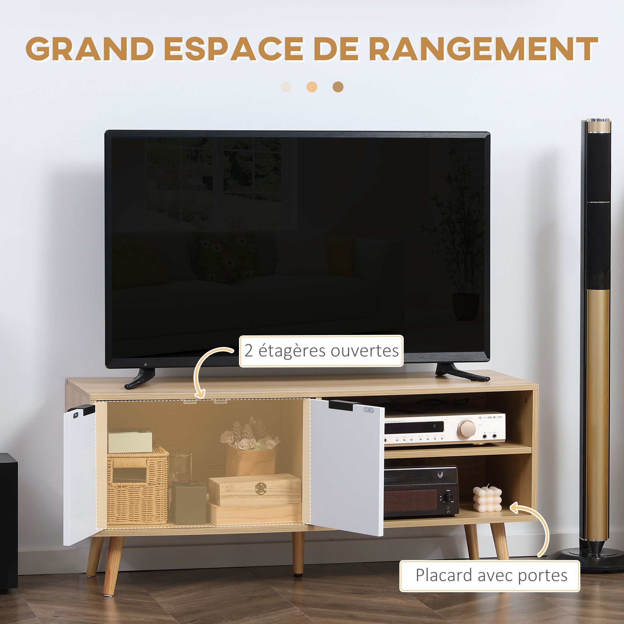 Meuble TV pour télévision jusqu'à 46 pouces design scandinave 2 portes 2 niches avec passe-câbles 110 x 39 x 48,8 cm