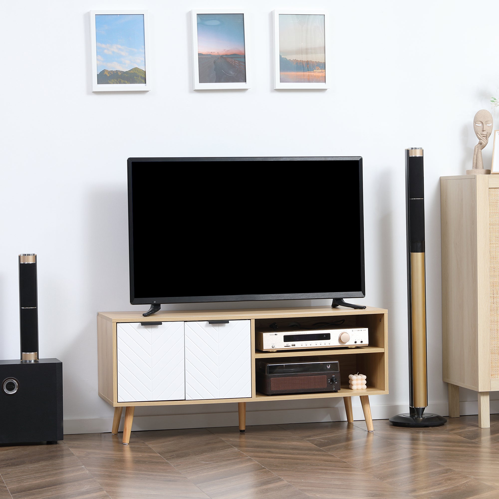 Meuble TV pour télévision jusqu'à 46 pouces design scandinave 2 portes 2 niches avec passe-câbles 110 x 39 x 48,8 cm