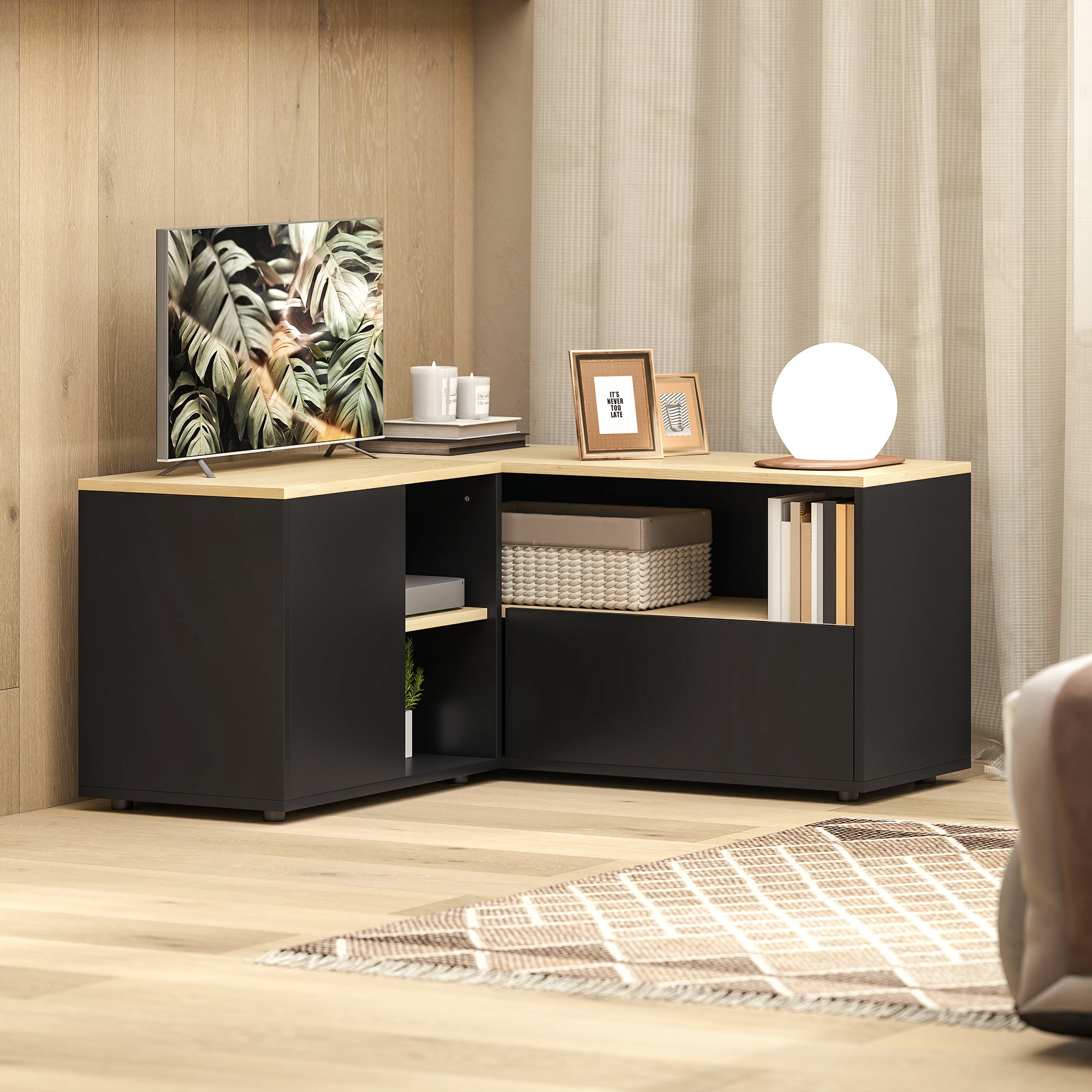 Meuble TV d'angle banc télévision jusqu'à 40 pouces avec 2 placards et 3 niches 90 x 90 x 45 cm chêne et noir