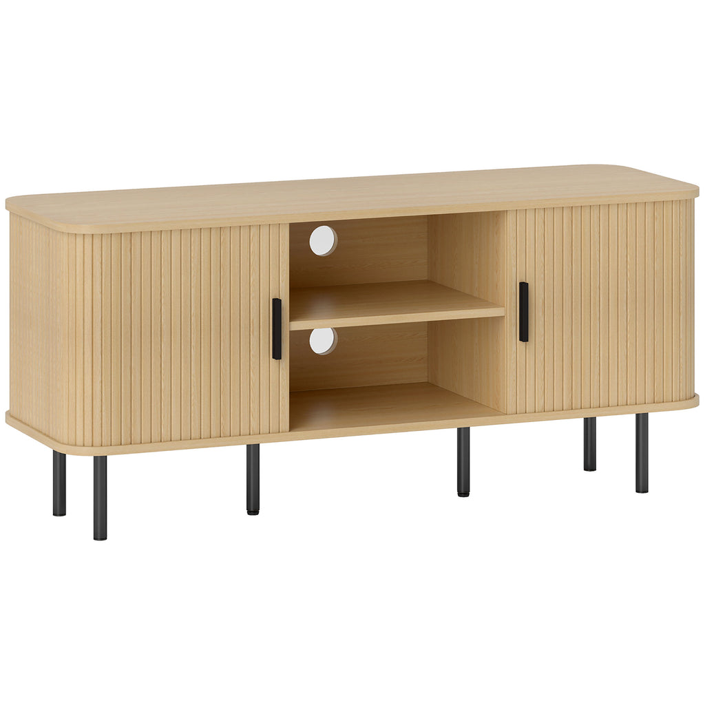 Meuble TV avec 2 portes tambour à lamelles design scandinave pour télévision jusqu'à 55 pouces 120 cm ton chêne