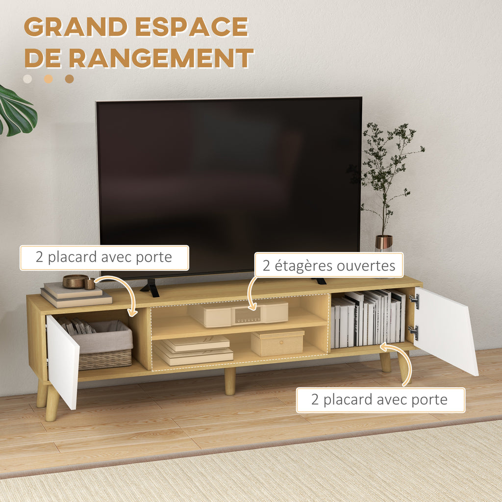 Meuble TV pour télévision jusqu'à 65 pouces design scandinave 2 portes 2 niches avec passe-câbles 150 x 30 x 42 cm