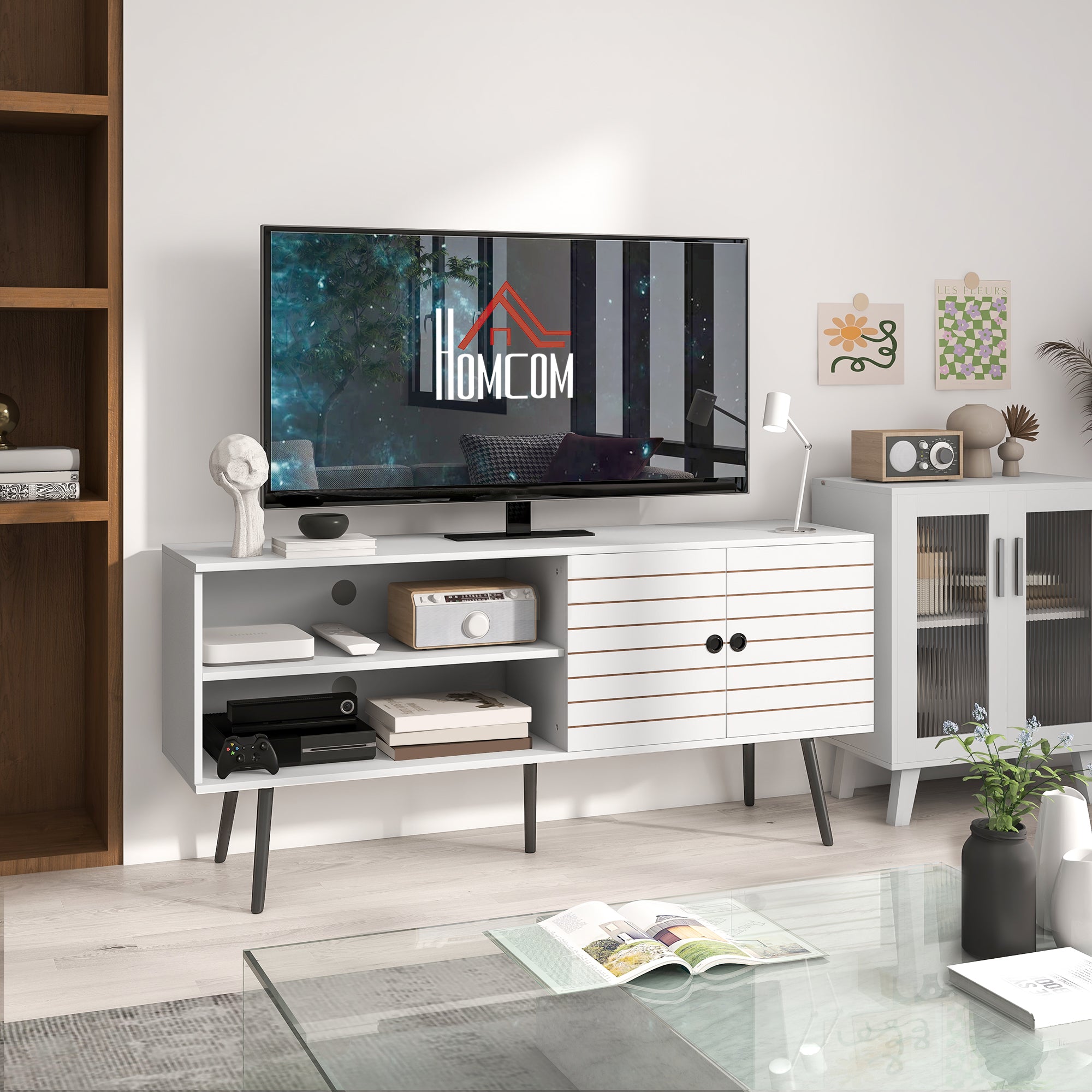 Meuble TV pour télévision jusqu'à 65 pouces avec 2 compartiments ouverts et 1 étagère réglable 145x38x65 cm Blanc