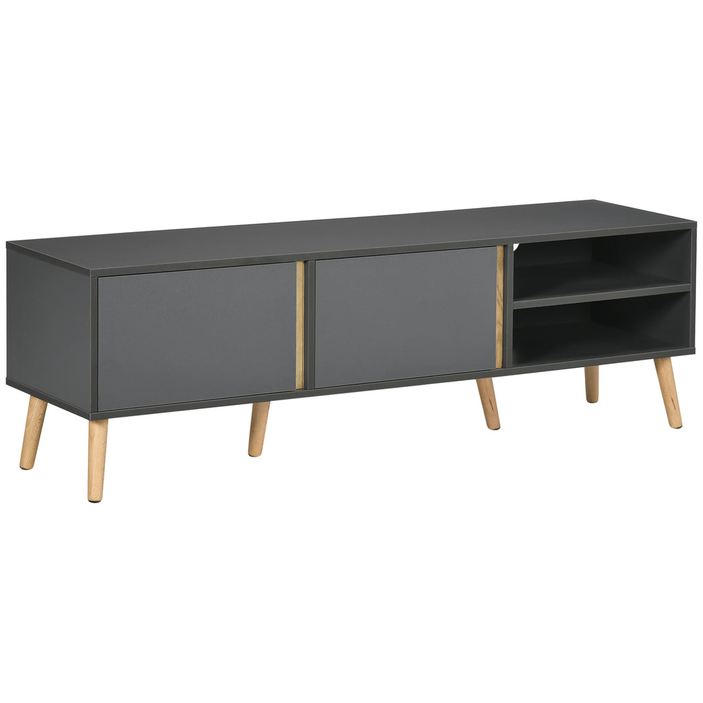 Meuble TV pour télévision jusqu'à 55 pouces scandinave 2 portes 2 niches avec passe-câbles 150 x 35 x 45 cm gris foncé