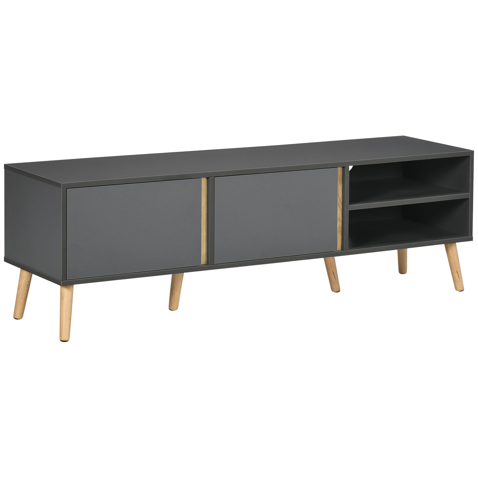 Meuble TV pour télévision jusqu'à 55 pouces scandinave 2 portes 2 niches avec passe-câbles 150 x 35 x 45 cm gris foncé