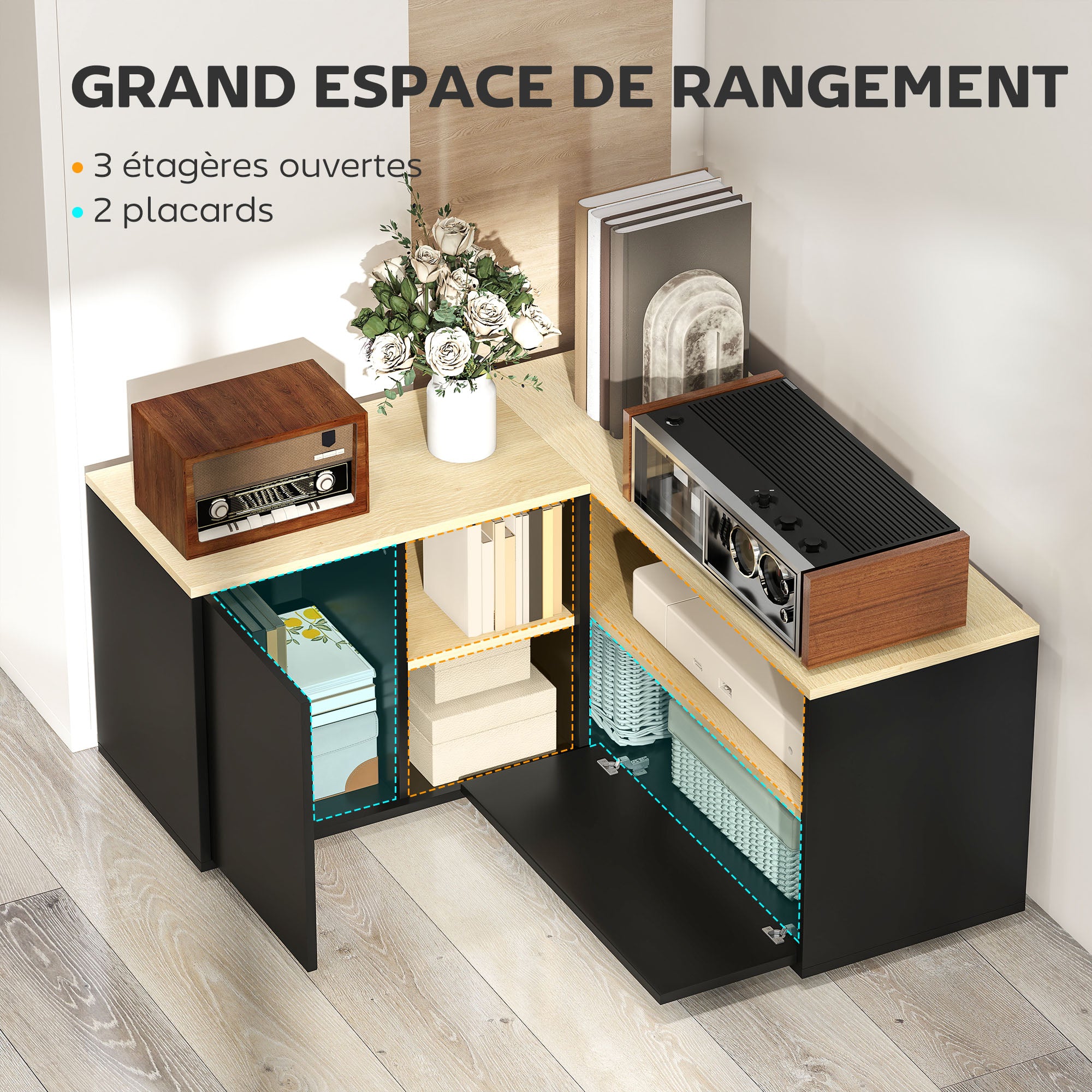 Meuble TV d'angle banc télévision jusqu'à 40 pouces avec 2 placards et 3 niches 90 x 90 x 45 cm chêne et noir