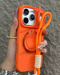Funda naranja de silicona magnética para iPhone con cordón y protector de cámara