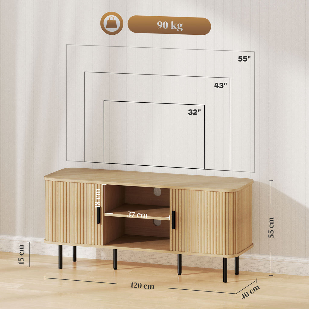 Meuble TV avec 2 portes tambour à lamelles design scandinave pour télévision jusqu'à 55 pouces 120 cm ton chêne
