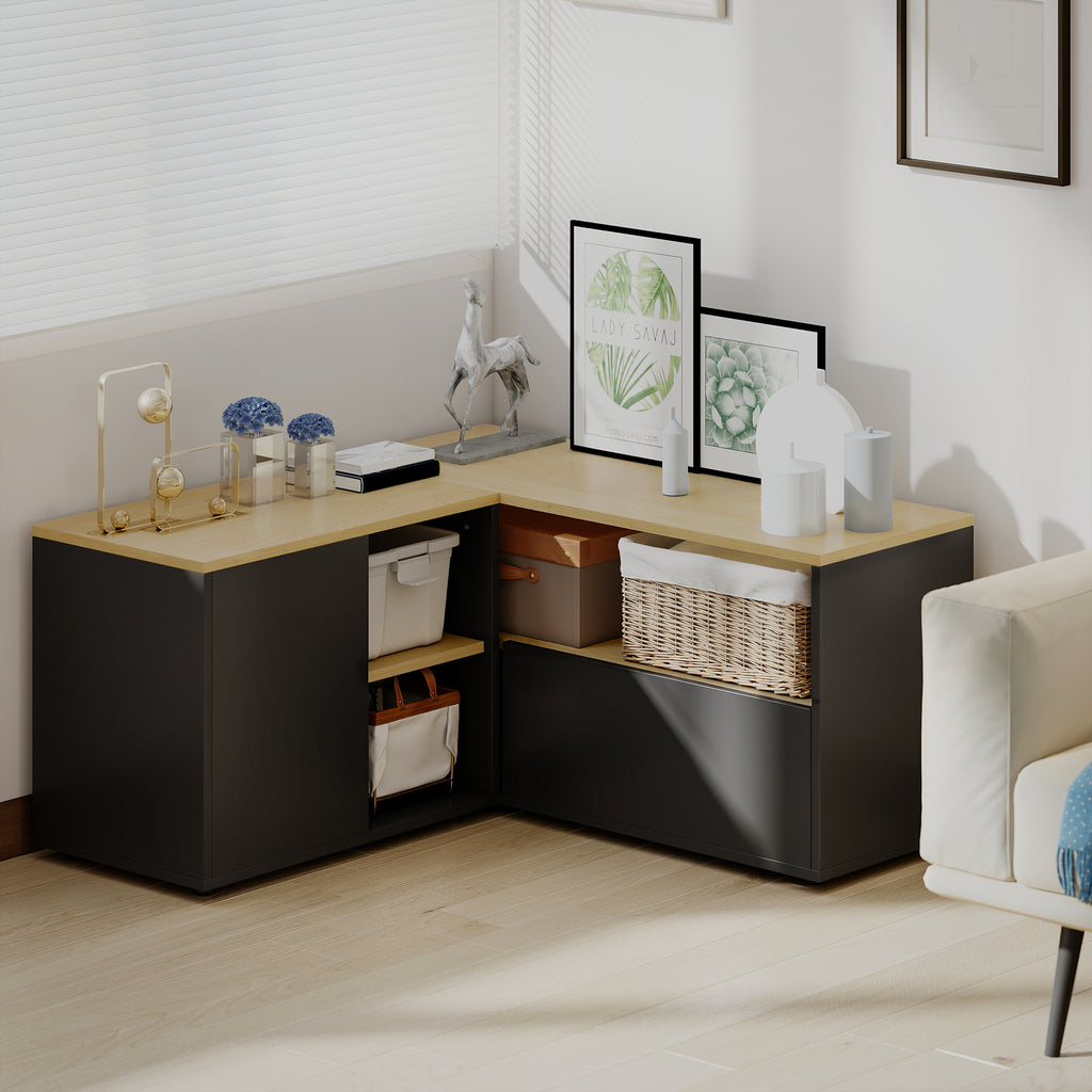 Meuble TV d'angle banc télévision jusqu'à 40 pouces avec 2 placards et 3 niches 90 x 90 x 45 cm chêne et noir