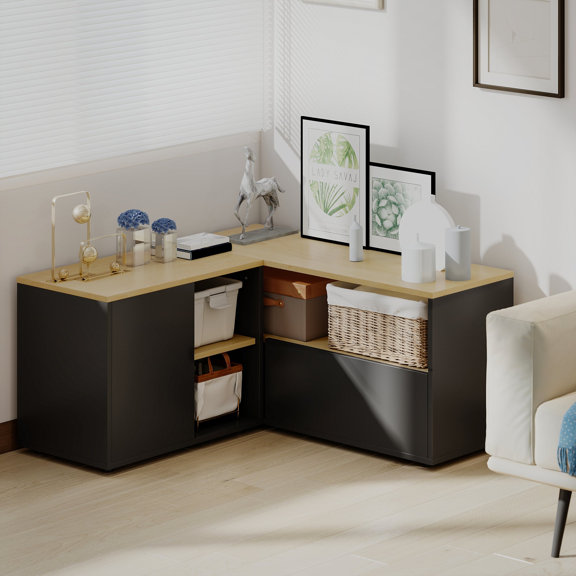 Meuble TV d'angle banc télévision jusqu'à 40 pouces avec 2 placards et 3 niches 90 x 90 x 45 cm chêne et noir