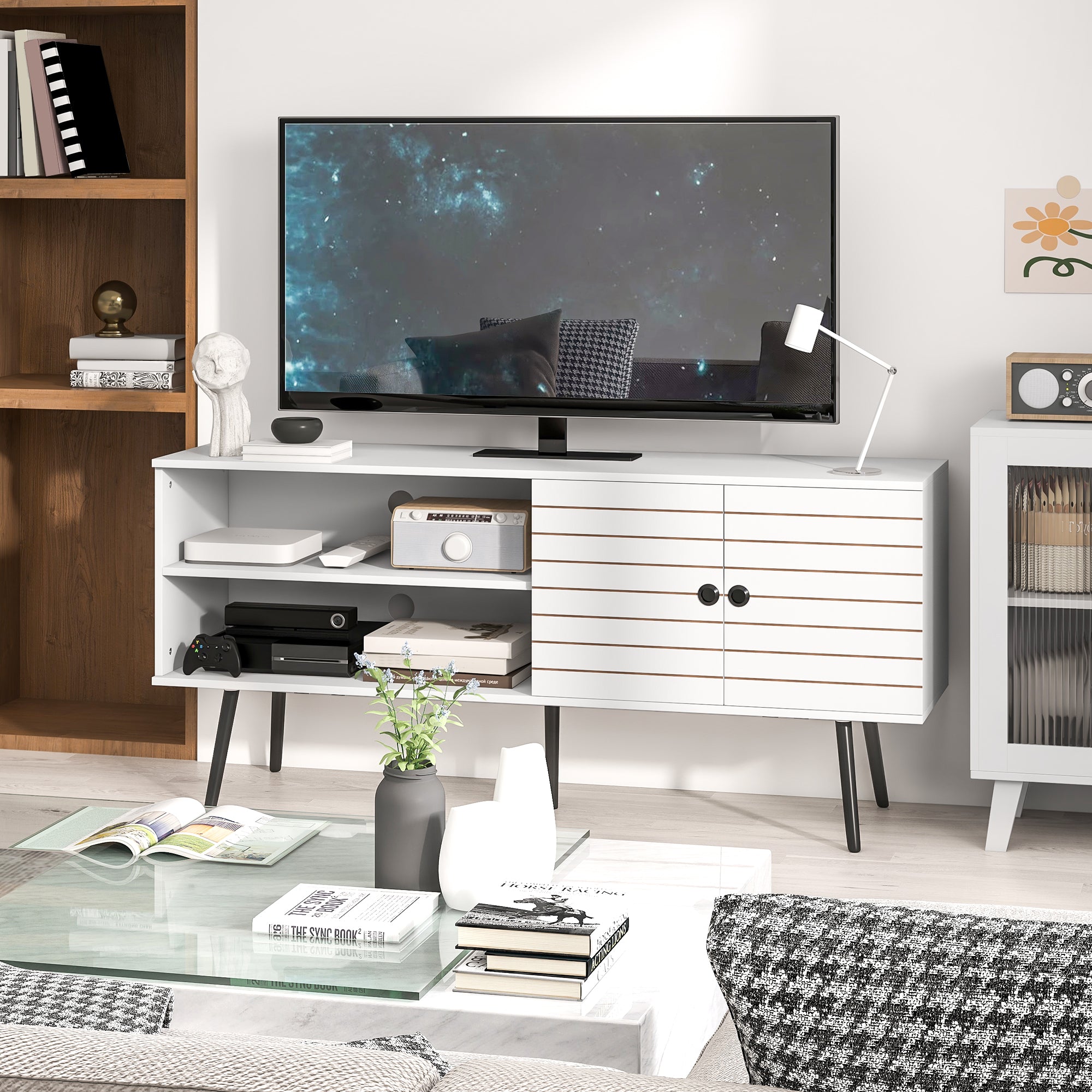 Meuble TV pour télévision jusqu'à 65 pouces avec 2 compartiments ouverts et 1 étagère réglable 145x38x65 cm Blanc