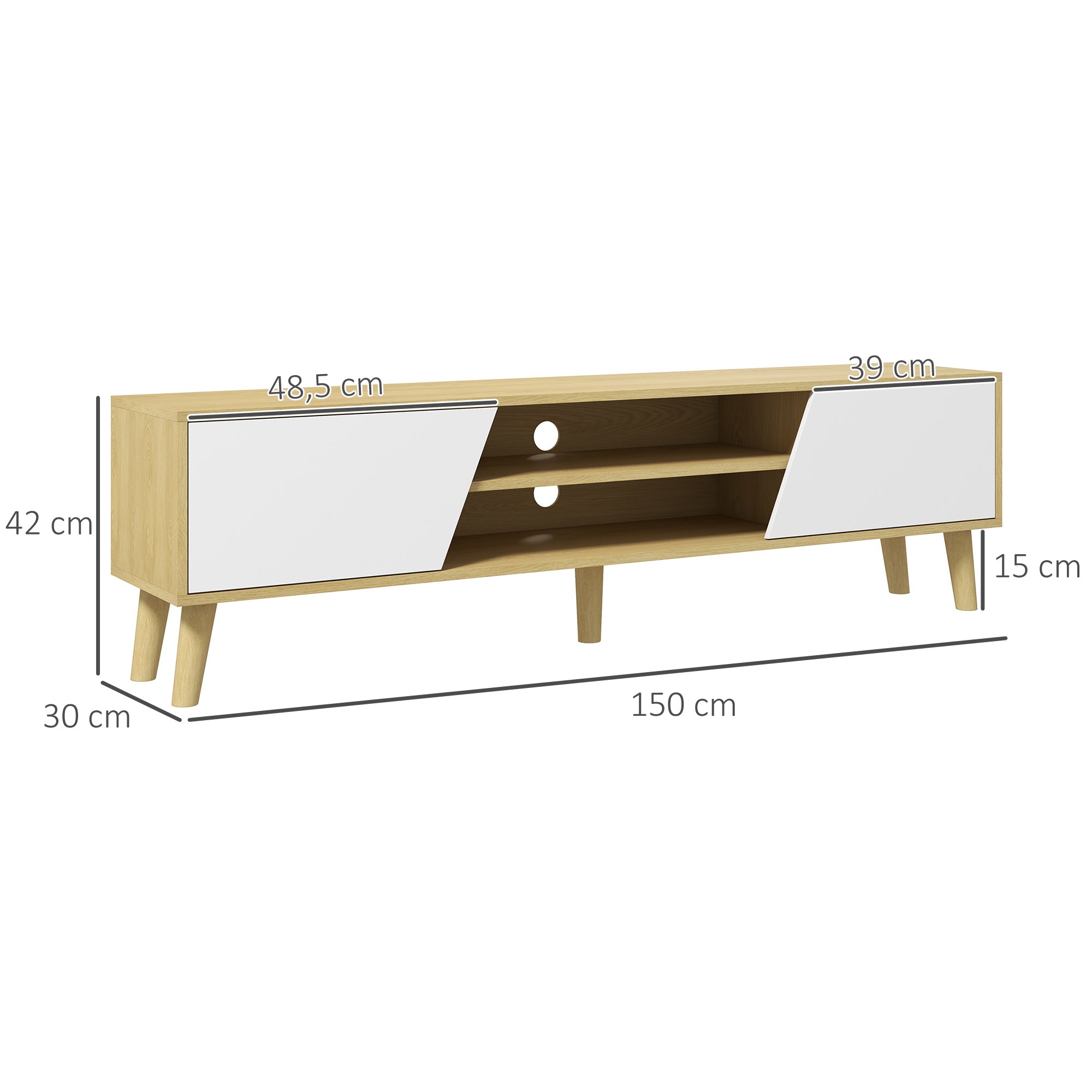 Meuble TV pour télévision jusqu'à 65 pouces design scandinave 2 portes 2 niches avec passe-câbles 150 x 30 x 42 cm