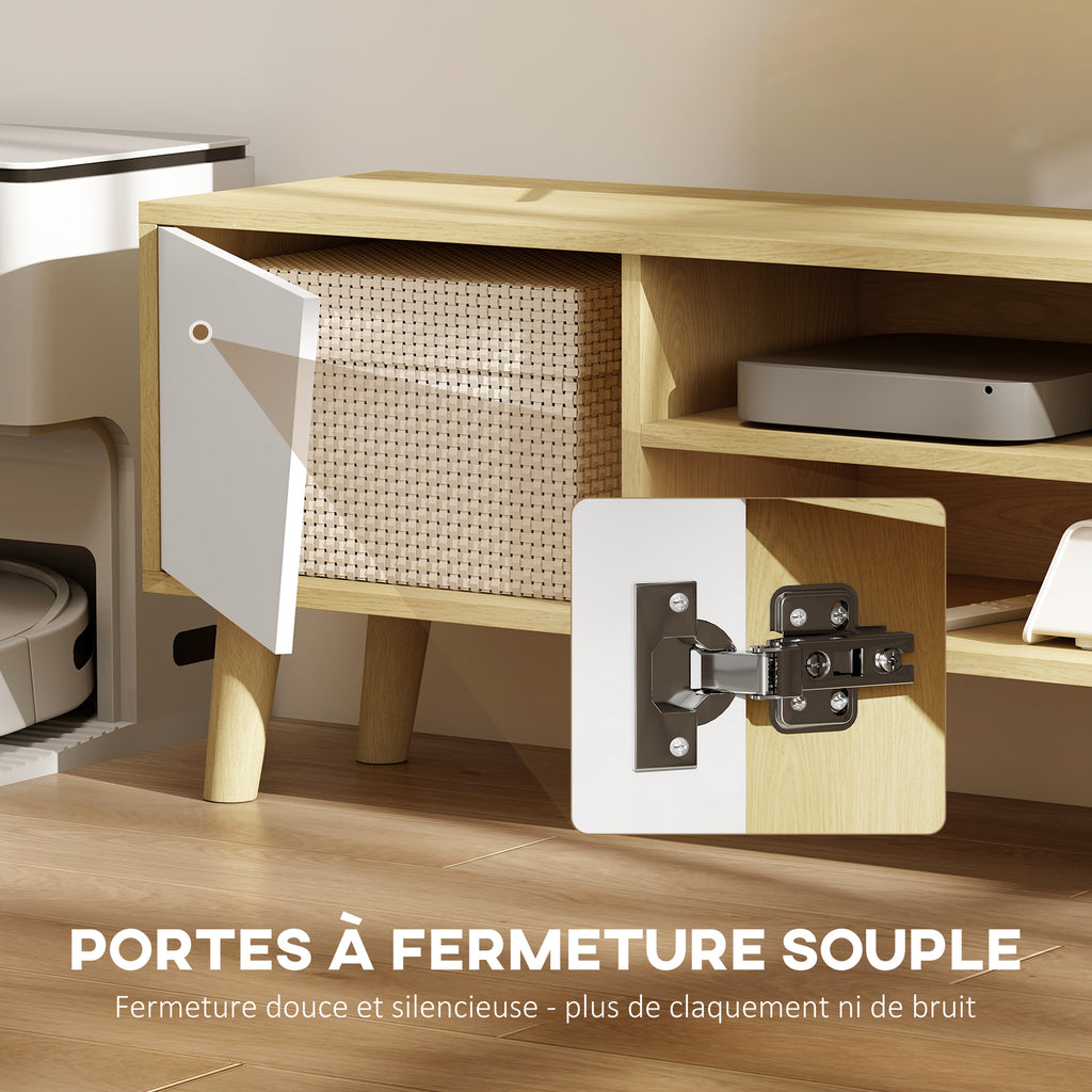 Meuble TV pour télévision jusqu'à 65 pouces design scandinave 2 portes 2 niches avec passe-câbles 150 x 30 x 42 cm