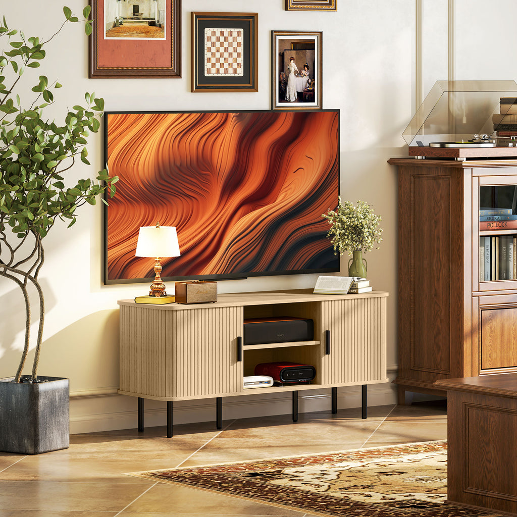 Meuble TV avec 2 portes tambour à lamelles design scandinave pour télévision jusqu'à 55 pouces 120 cm ton chêne