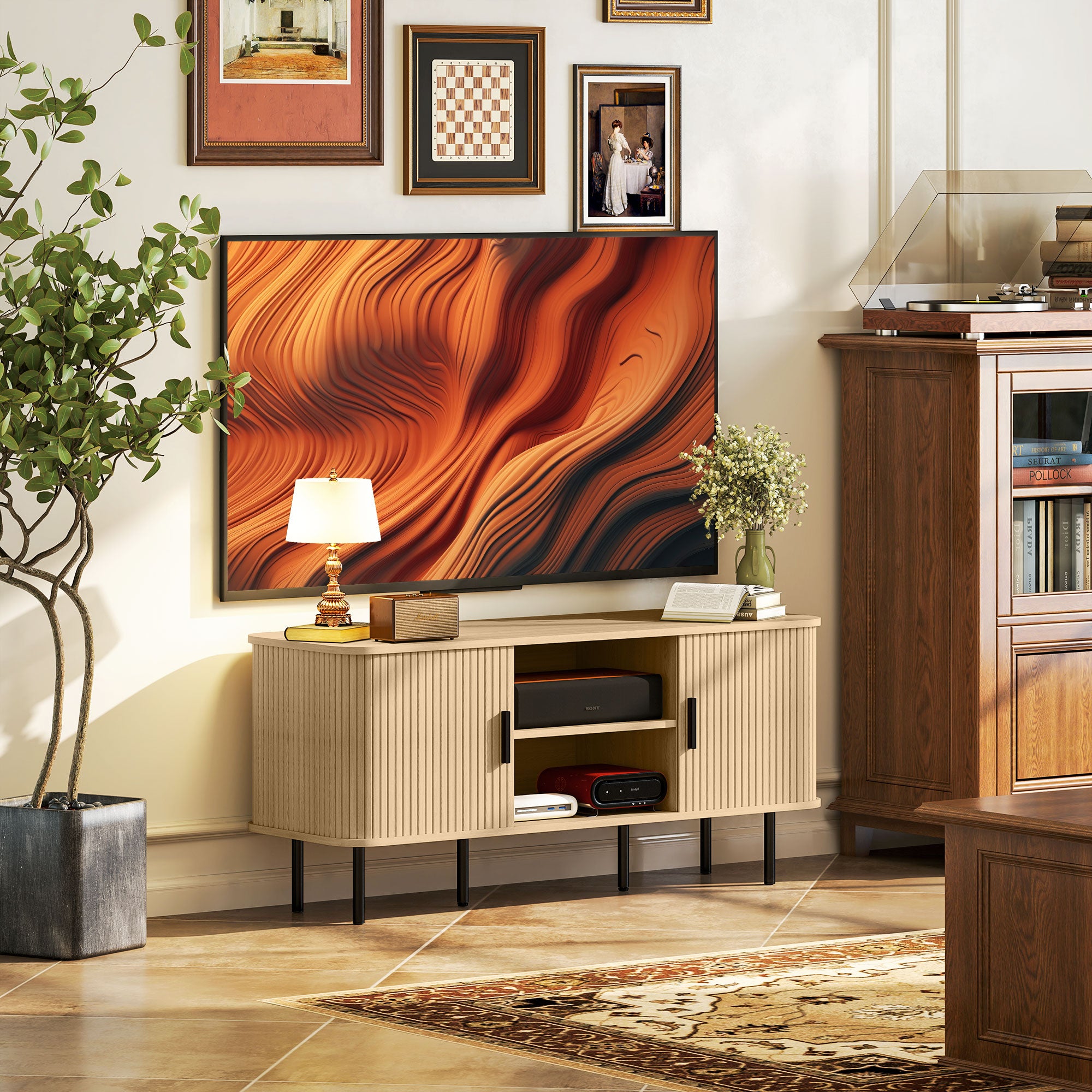 Meuble TV avec 2 portes tambour à lamelles design scandinave pour télévision jusqu'à 55 pouces 120 cm ton chêne